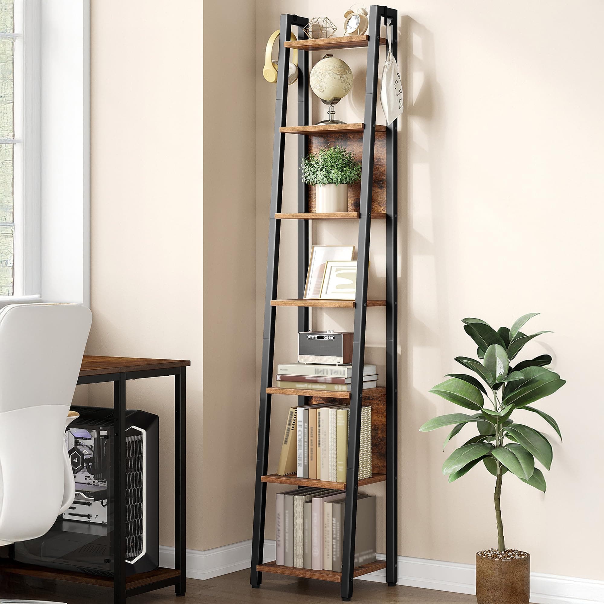 Hzuaneri Ladder Shelf, 7 Tier Narrow Bookshelf with 2 Back Panels