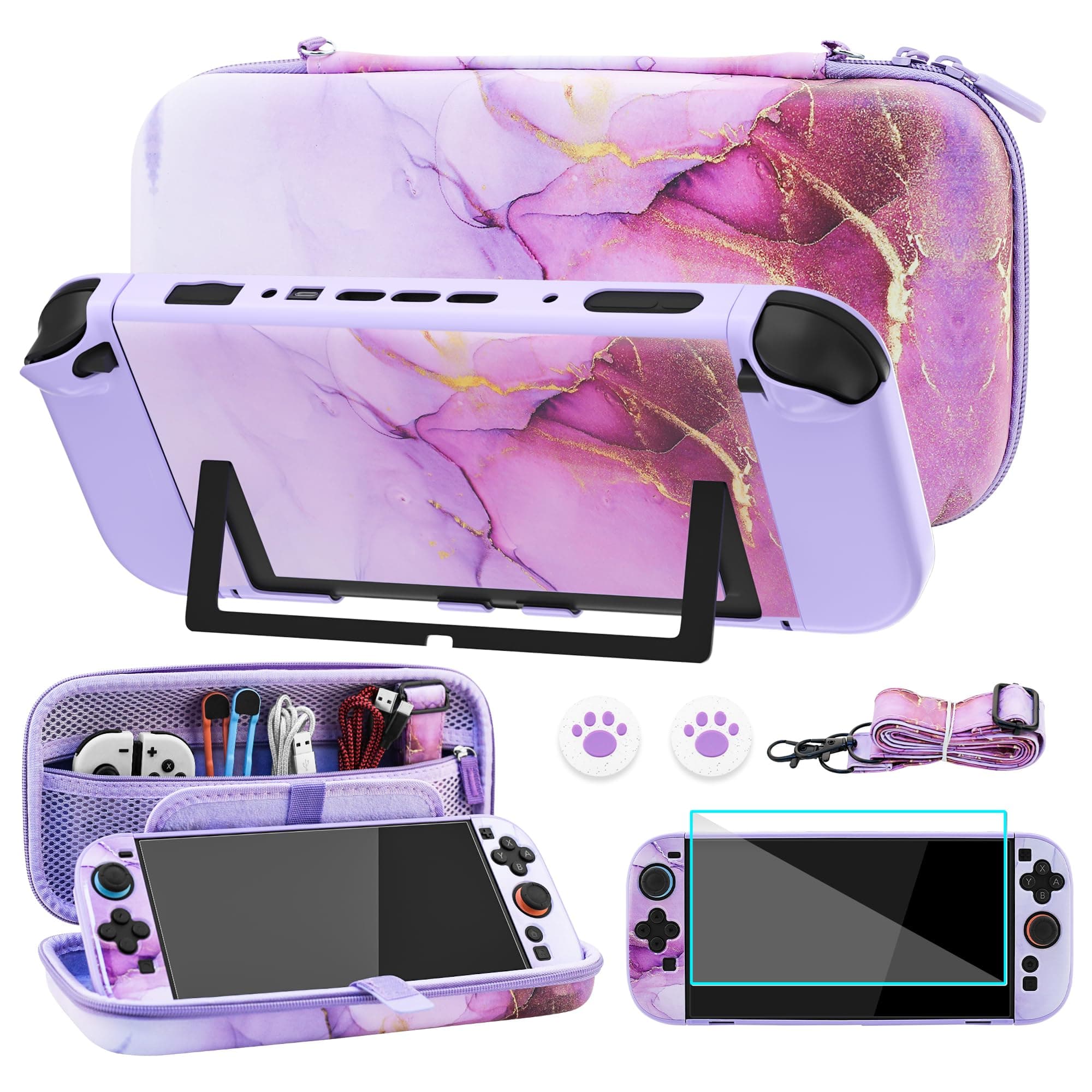 FUNDIARY Travel Carrying Case for Nintendo Switch 2 with Purple Marble Design, Cute Accessories with Portable Storage Bag, Dockable Protective Cover, Screen Protector, Shoulder Strap and 2 Thumb Caps