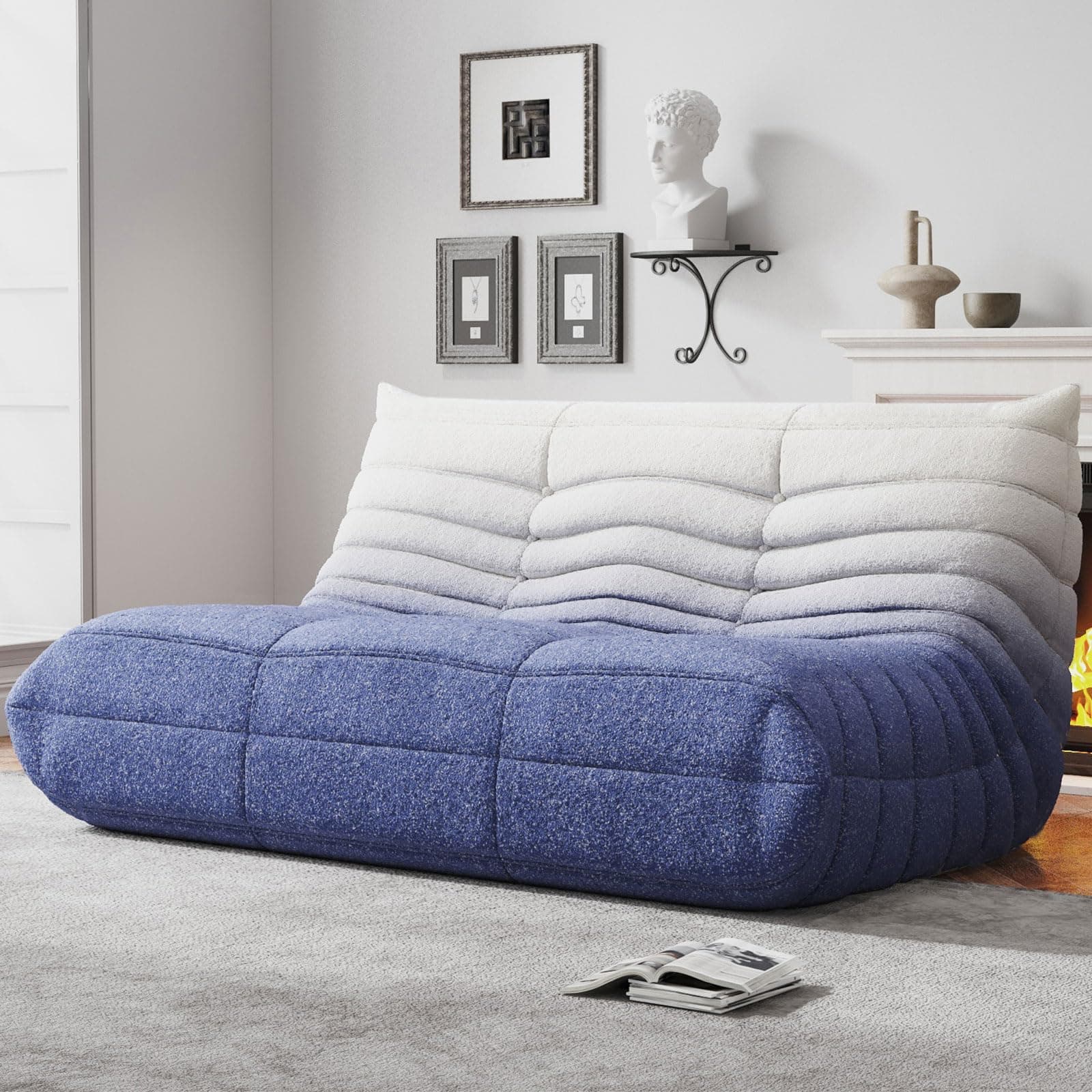 Bean Bag Chairs for Adults, Memory Foam Couch Loveseat Sofa Chair, Soft Teddy Material Cozy Comfy Reading Nook Chairs, Floor Chair for Living Room Bedroom Office(Blue-White)