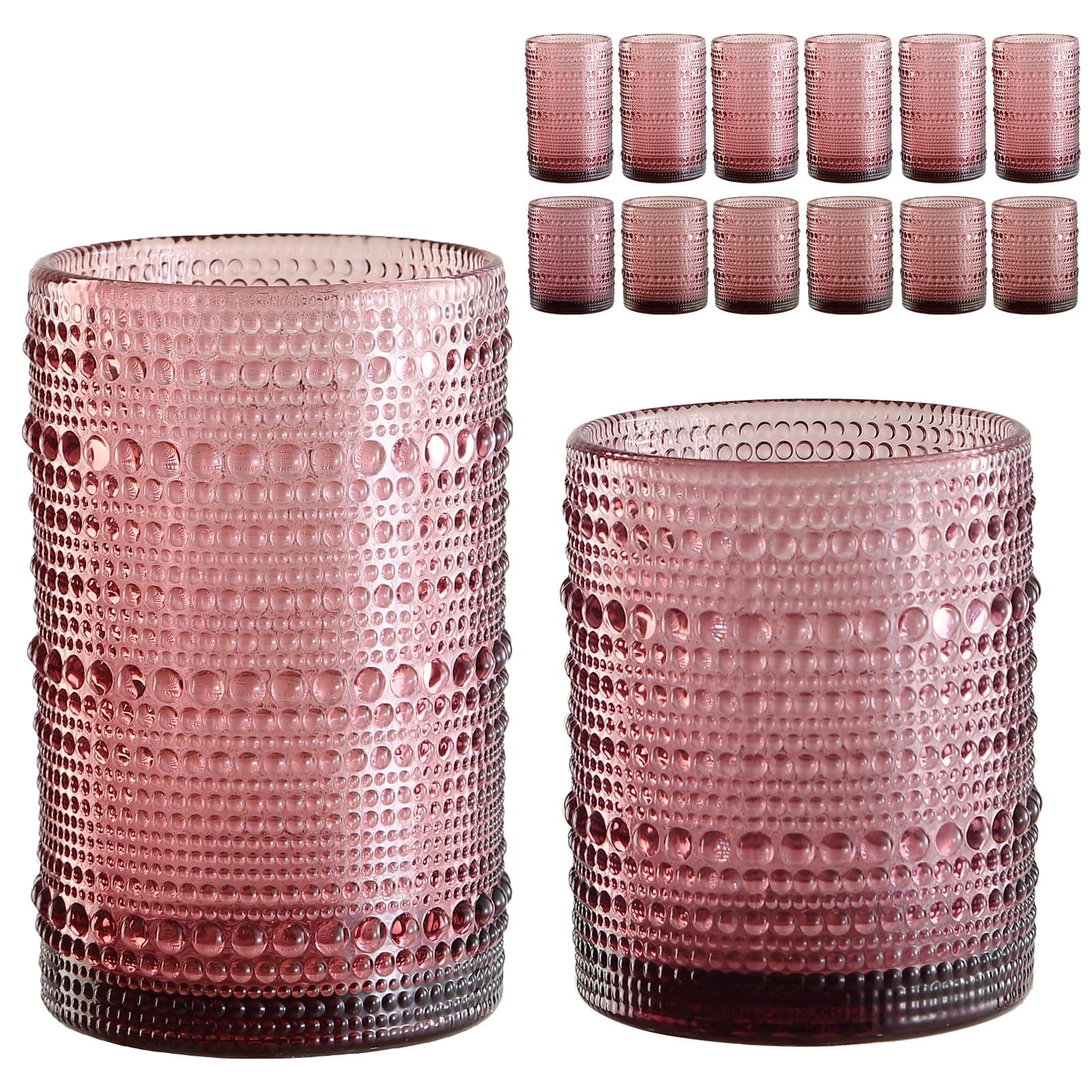 ZMOWIPDL Drinking Glasses Set of 12,Purple 12oz & 15oz Hobnail Glass Cups