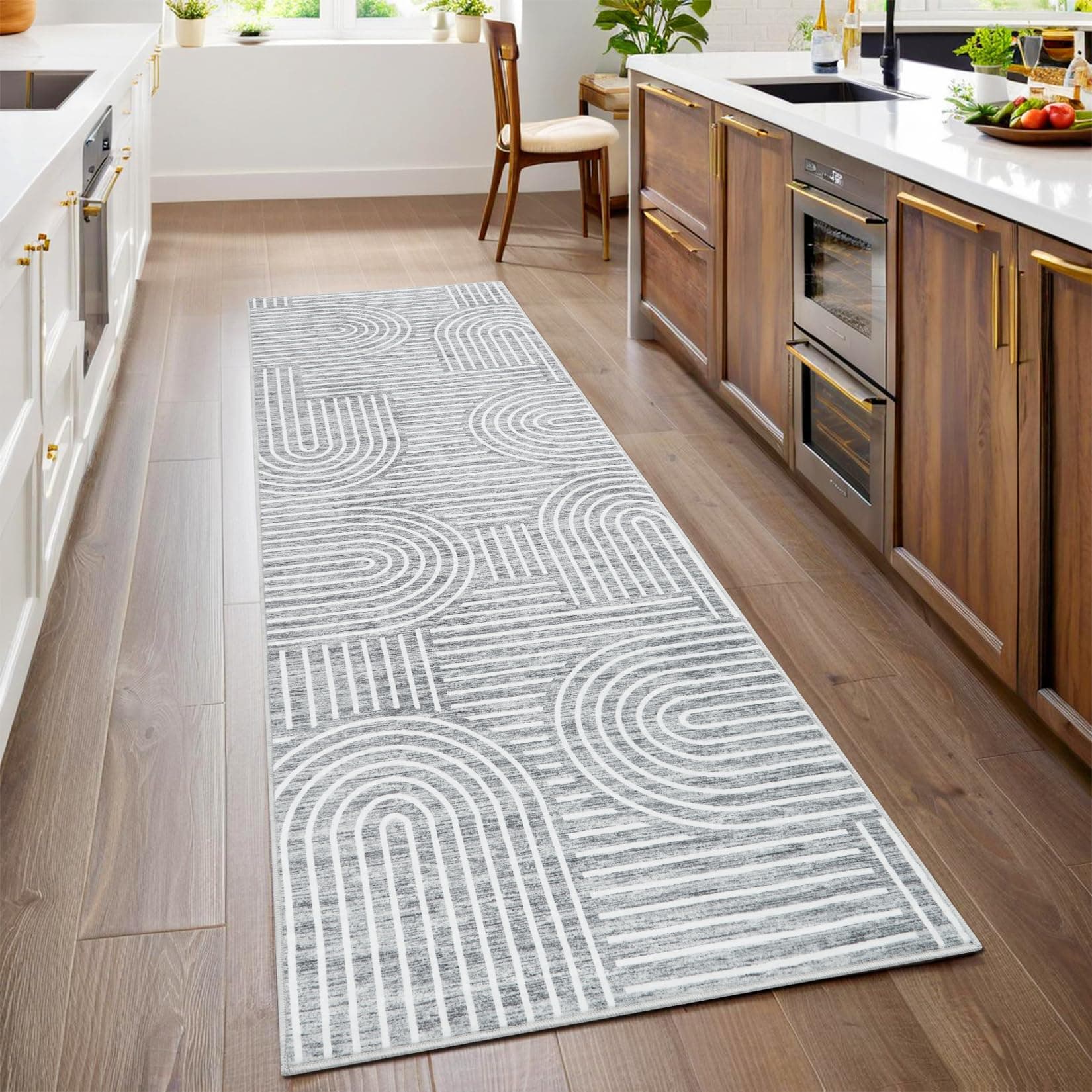 ROYHOME Modern Rug 2.5x8 Runners for Hallways, Abstract Kitchen Runner Rugs Non Slip Bath Runners, Rainbow Washable Runner Rug for Bedroom, Soft Long Rugs for Entryway Bathroom Laundry Dorm, Ash