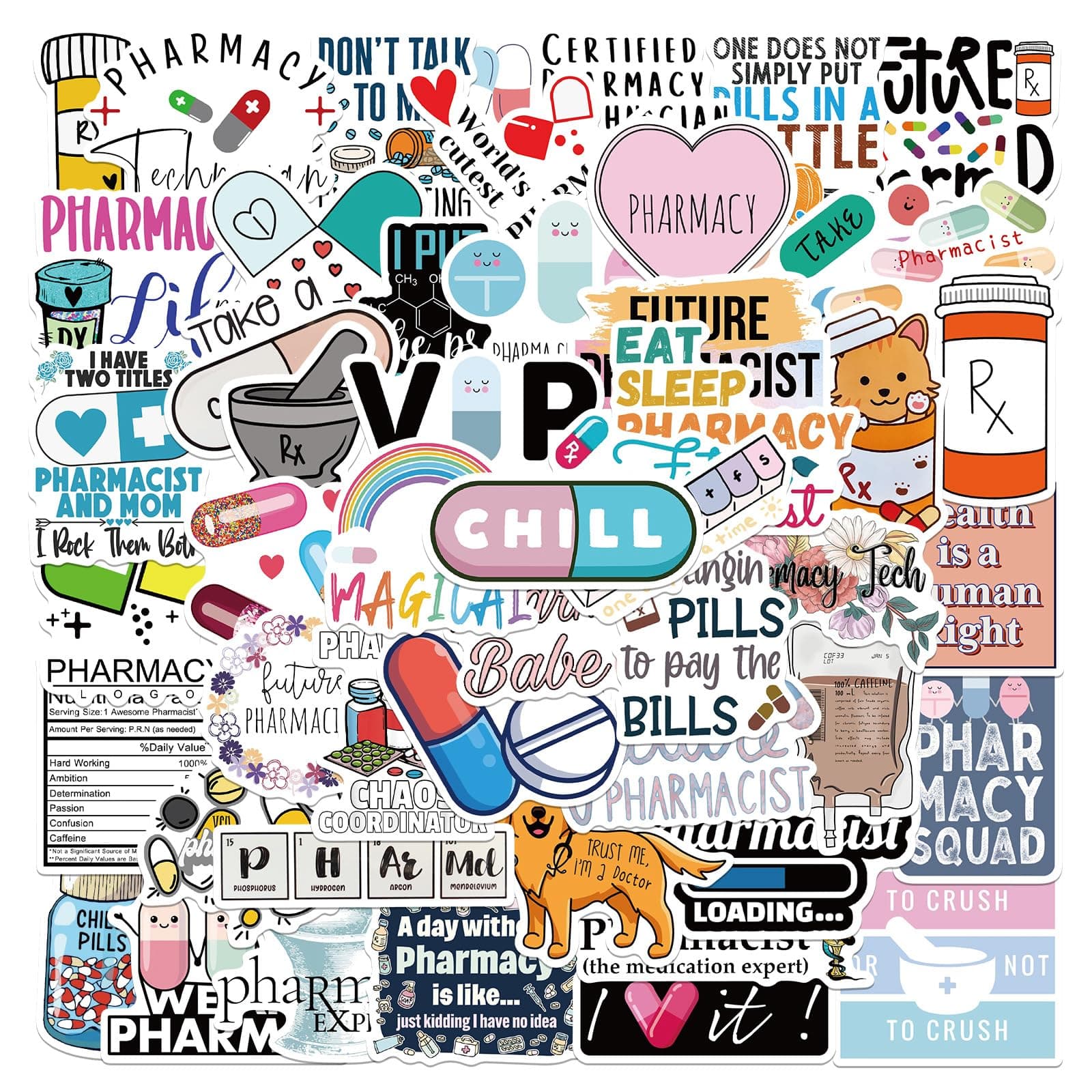Cute Pharmacist Stickers Pharmacy Apothecary Stickers Pack 50PCS for Water Bottles Laptop Luggage Scrabook Kechup Waterproof Vinyl Decals Stickers for Adults Nursing Coworker