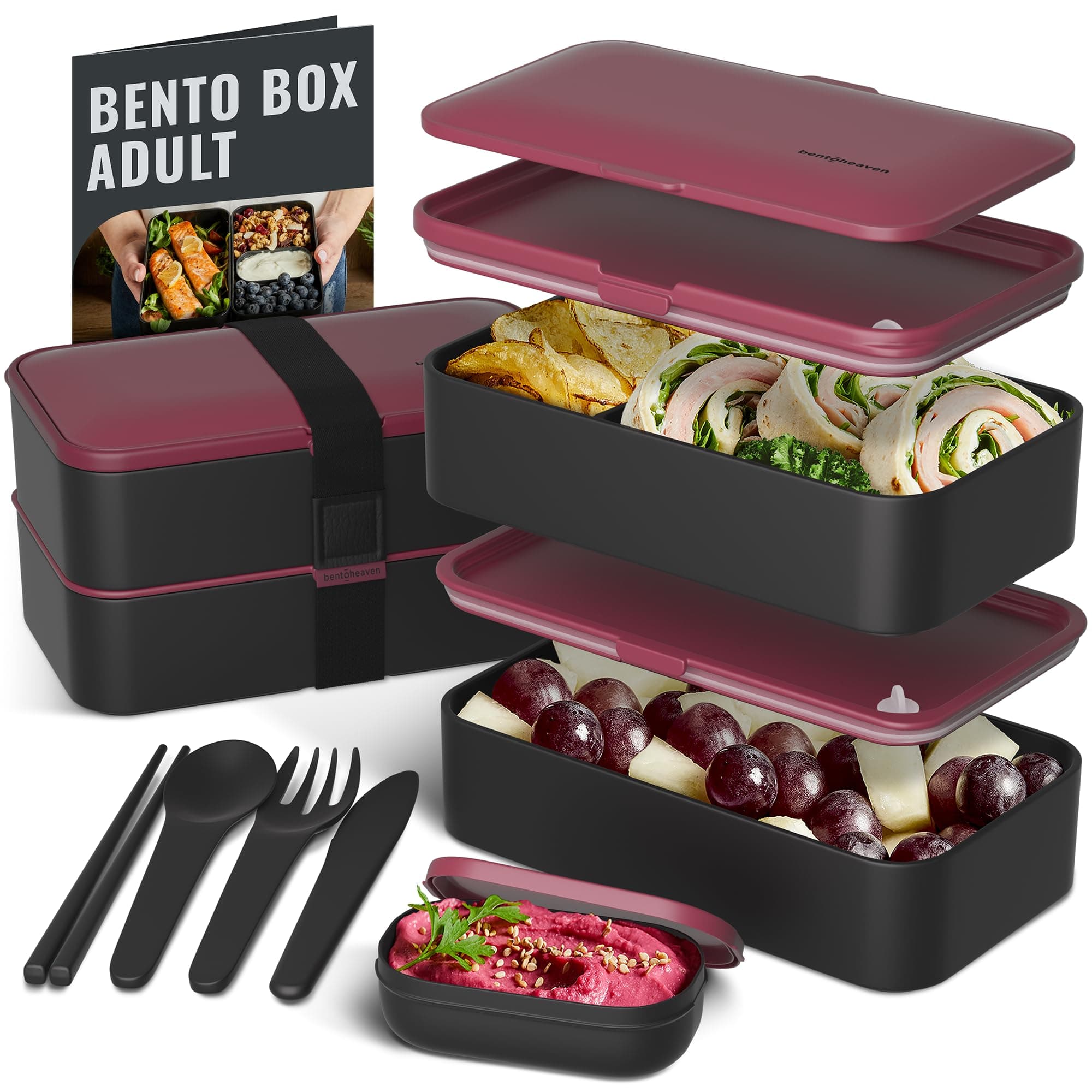 Bentoheaven Bento Box Adult, Stackable Lunch Box, 40 oz, Very Berry
