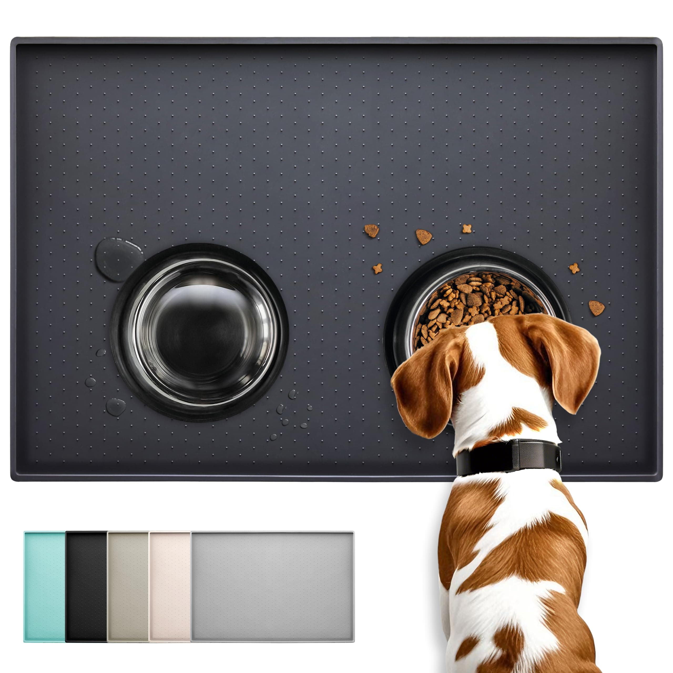 Conlun Silicone Cat Food Mat, 18.5"x 11.5" Rubber Dogs and Cats Bowl Mat, Anti-Slip, Waterproof, Raised Edge Avoid Water Spilling Out, Easy Clean in Dishwasher,Black