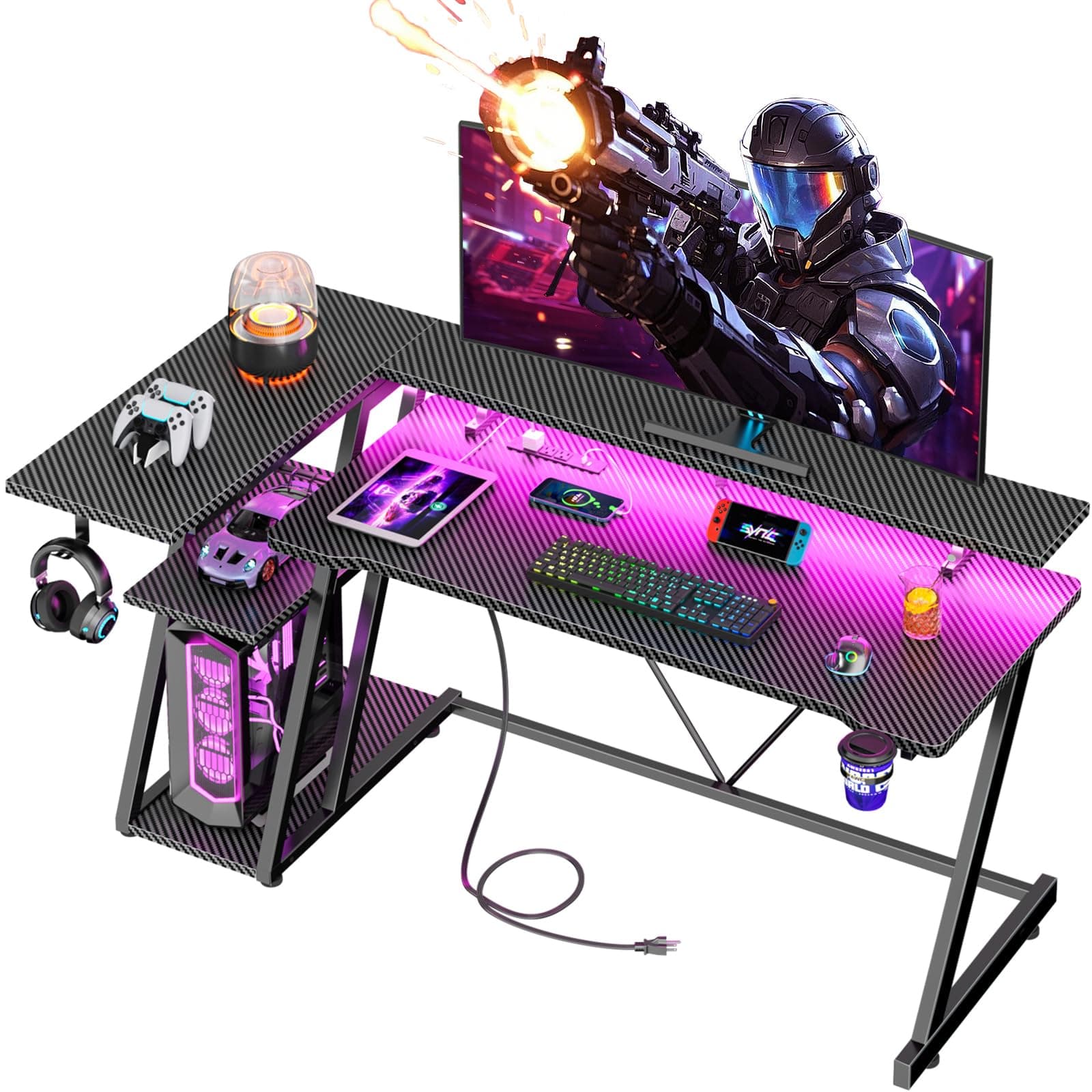 Korfile 55 Inch Gaming Desk with Power Outlet & LED Lights, L Shaped Gamer Computer Table with Storage Shelves for Bedroom, Corner Home Office Desk, Carbon Fiber Black