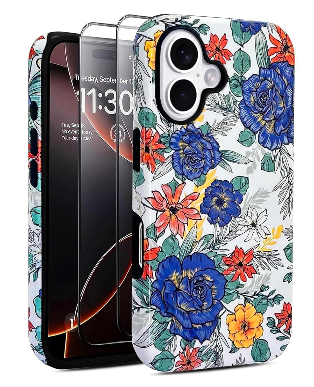 J.west Compatible with iPhone 16 Plus Case 6.7 inch with 2 Pack Tempered Glass Screen Protectors Cute Vintage Floral Flowers Hybrid Cover for Girls Women Aesthetic Protective Phone Cases Blue Roses