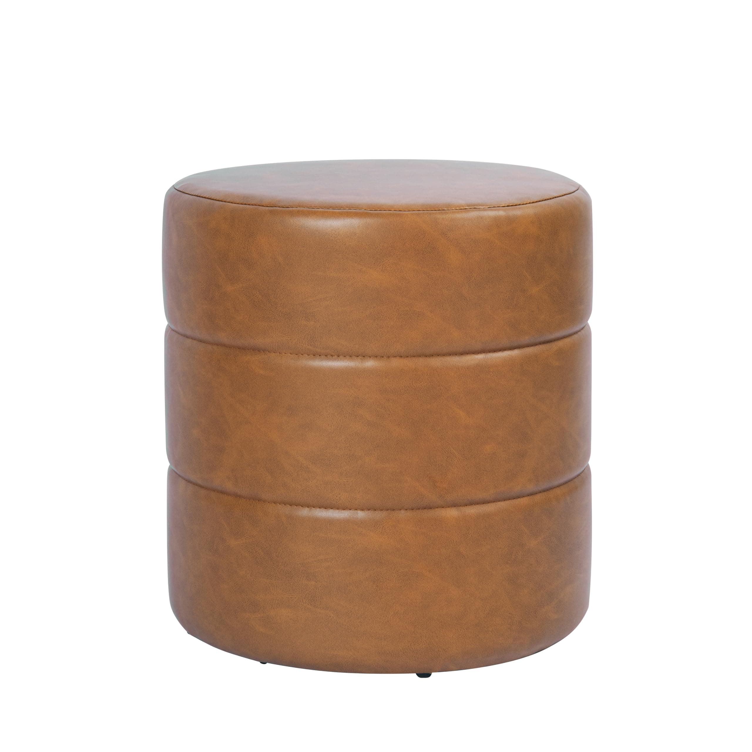 Spatial Order Upholstered Faux Leather Round Ottoman|Spatial Order Home Décor|Foot Rest Ottoman- Carmel Brown