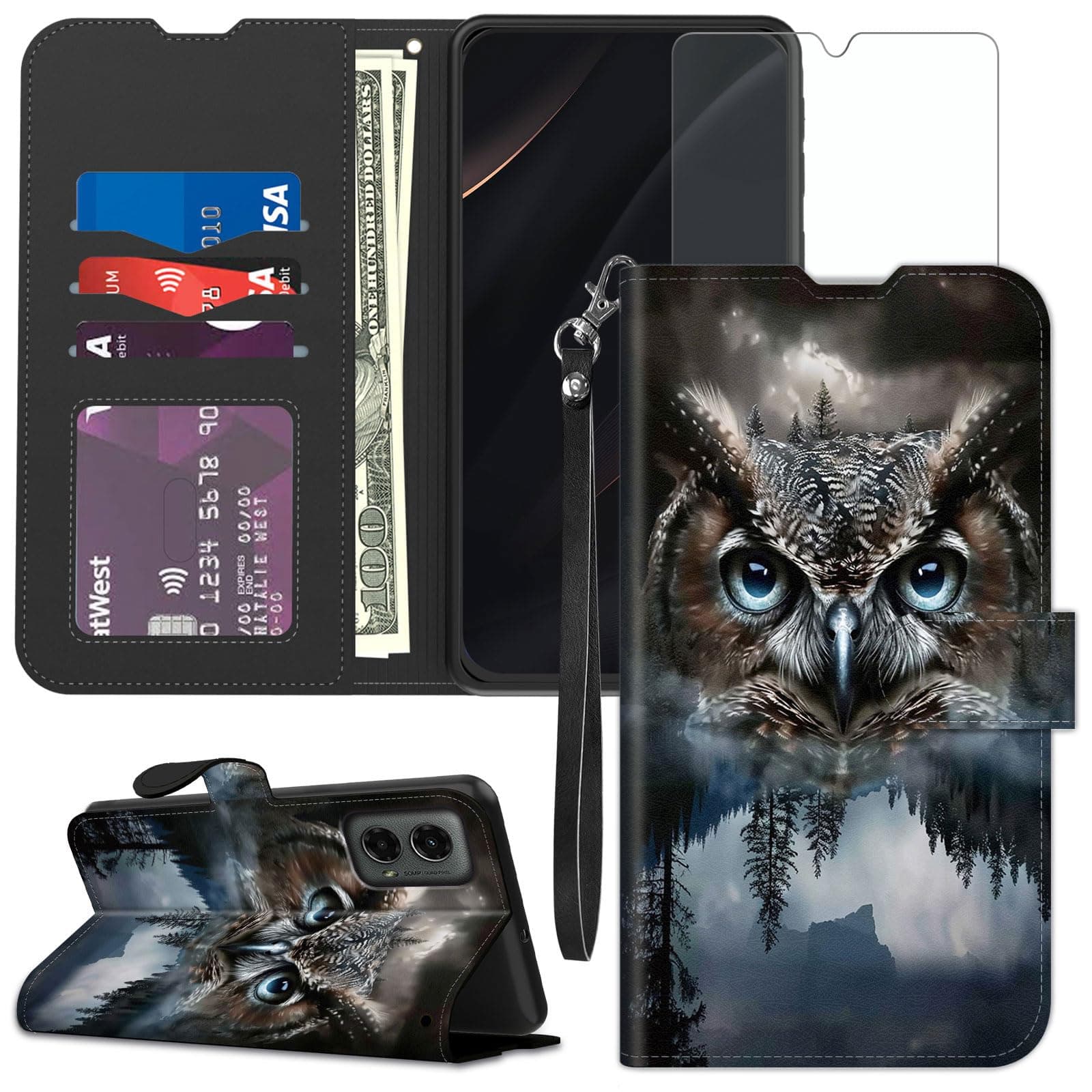 Qindaiwen for Moto G 5G 2024 Wallet case with RFID Blocking Credit Card Holder Kickstand, Folio Flip PU Leather Shockproof Protective Cover, Owl