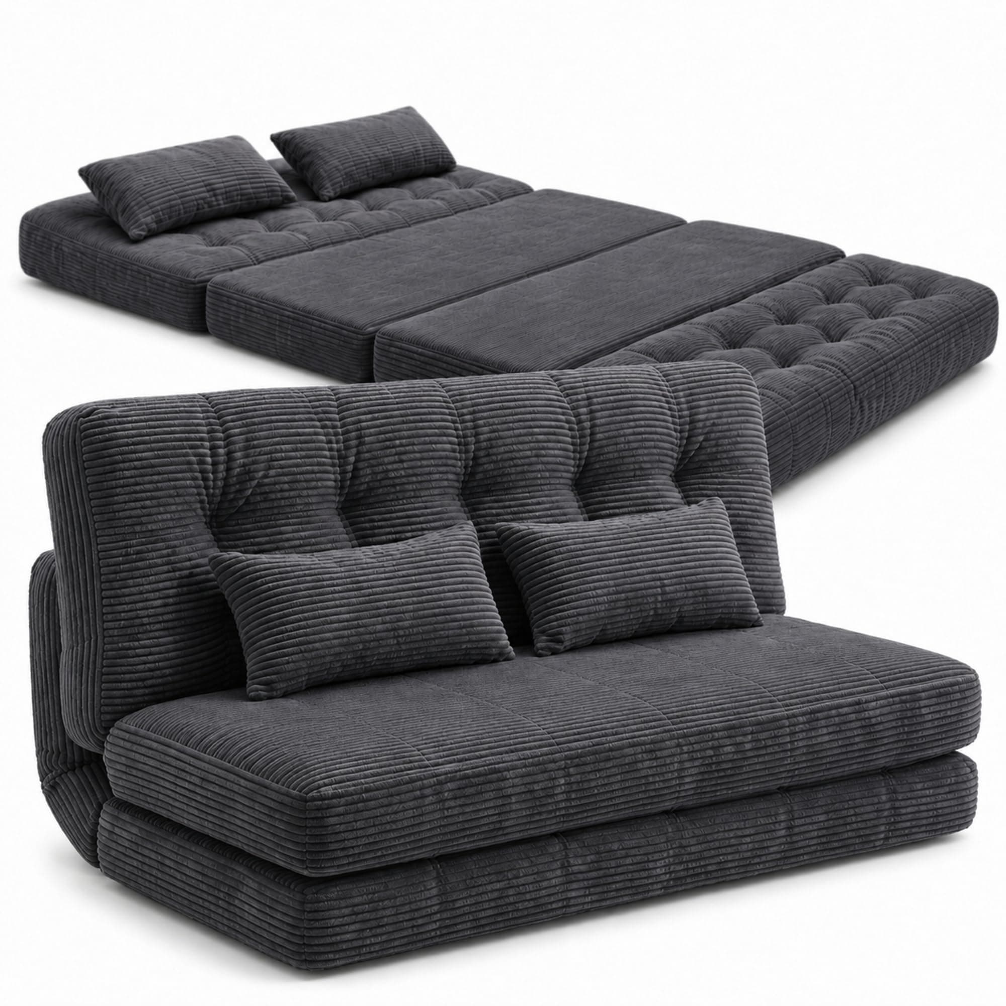 Full Size Folding Sofa Bed with Removable Cover, Portable Frameless Convertible Sleeper Chair with Back Support and 2 Pillows, High-Density Foam Floor Sofa Lounge for Living Room and Guest Room, Gray