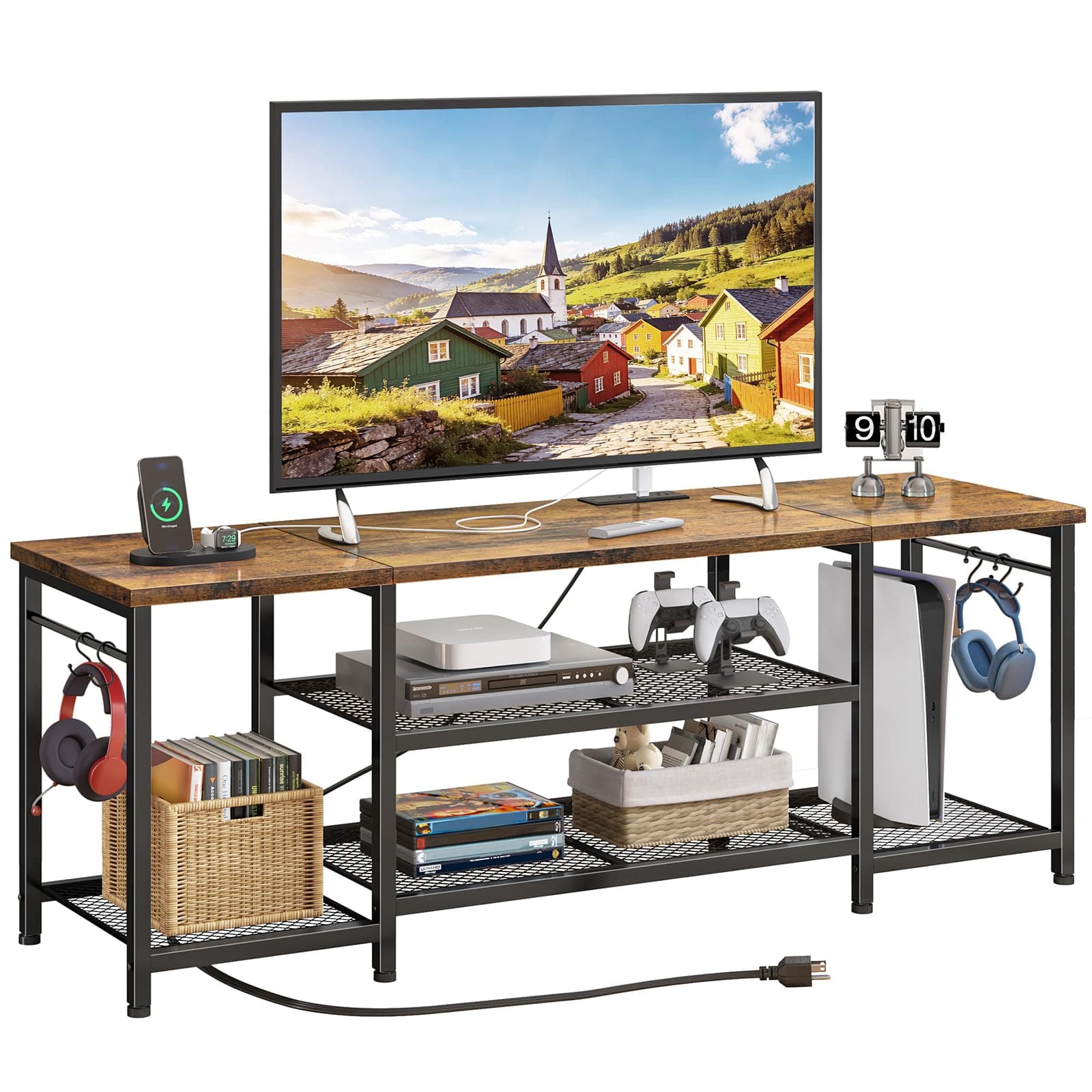 YGEOMER TV Stand for Up to 65 Inch TVs, Entertainment Center with Power Outlet and Open Storage Shelves, TV Media Console Table for Living Room and Bedroom, Rustic Brown