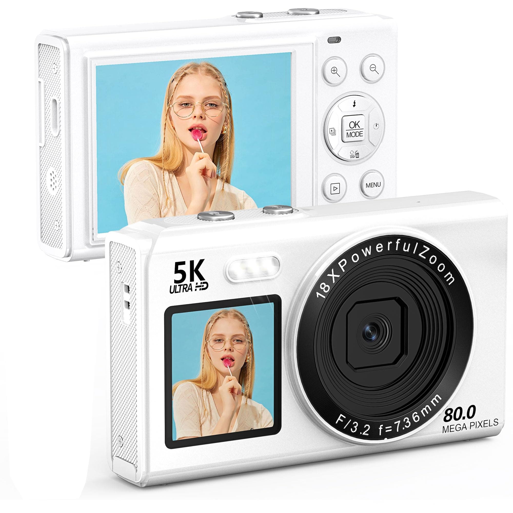 Longyi 5K 80MP Digital Camera Vlogging Photography Camera with WiFi, 18X Digital Zoom, Dual Screen 2.4"+1.5" Selfie, Compact Portable Photo Camera, 32G SD Card, As Gift for Beginners & Kids White
