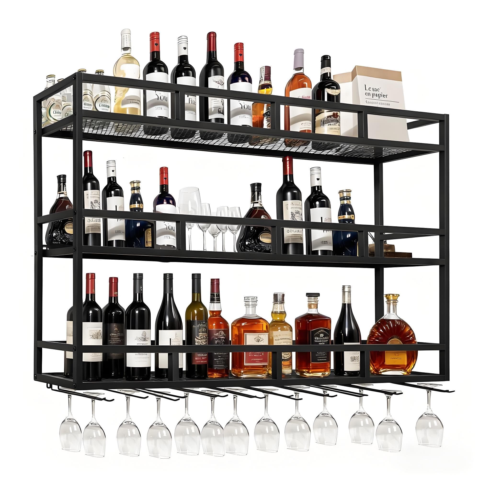 Wall Mounted Wine Rack, 59" Metal Bar Shelves with Bottle Glass Holder