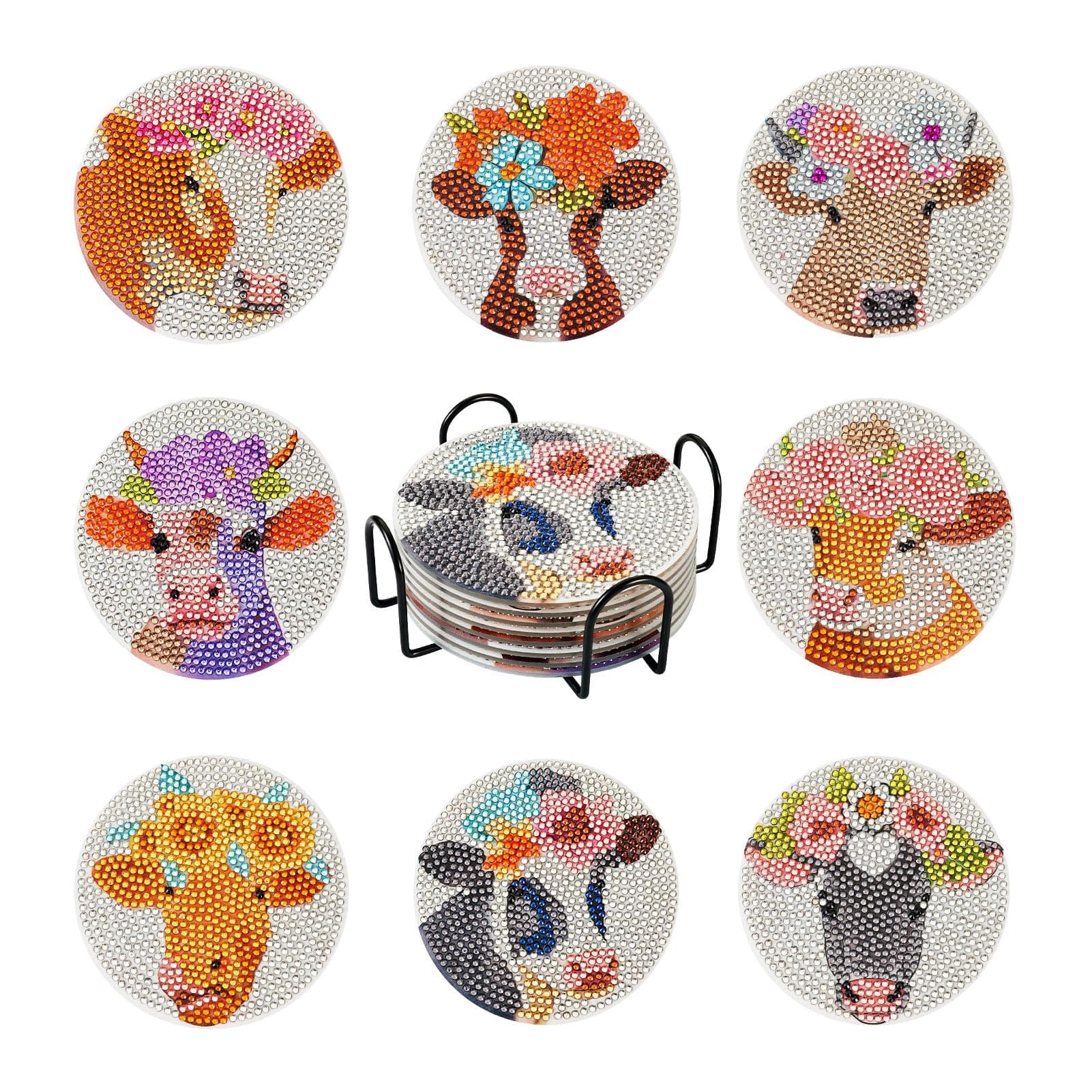 Cheriswelry 8pcs Cow Theme Diamond Painting Coasters Set Cattle Floral Art Painting Coasters with Holder 5D DIY Diamond Painting Cup Mat Kits for Beginners Adults Kids DIY Coasters