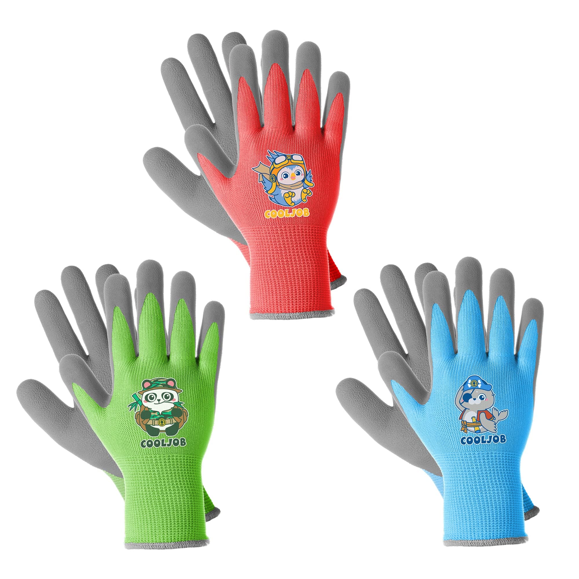 COOLJOB 3 Pairs Kids Gardening Gloves, Rubber Coated Palm, Age 6-8, Size M