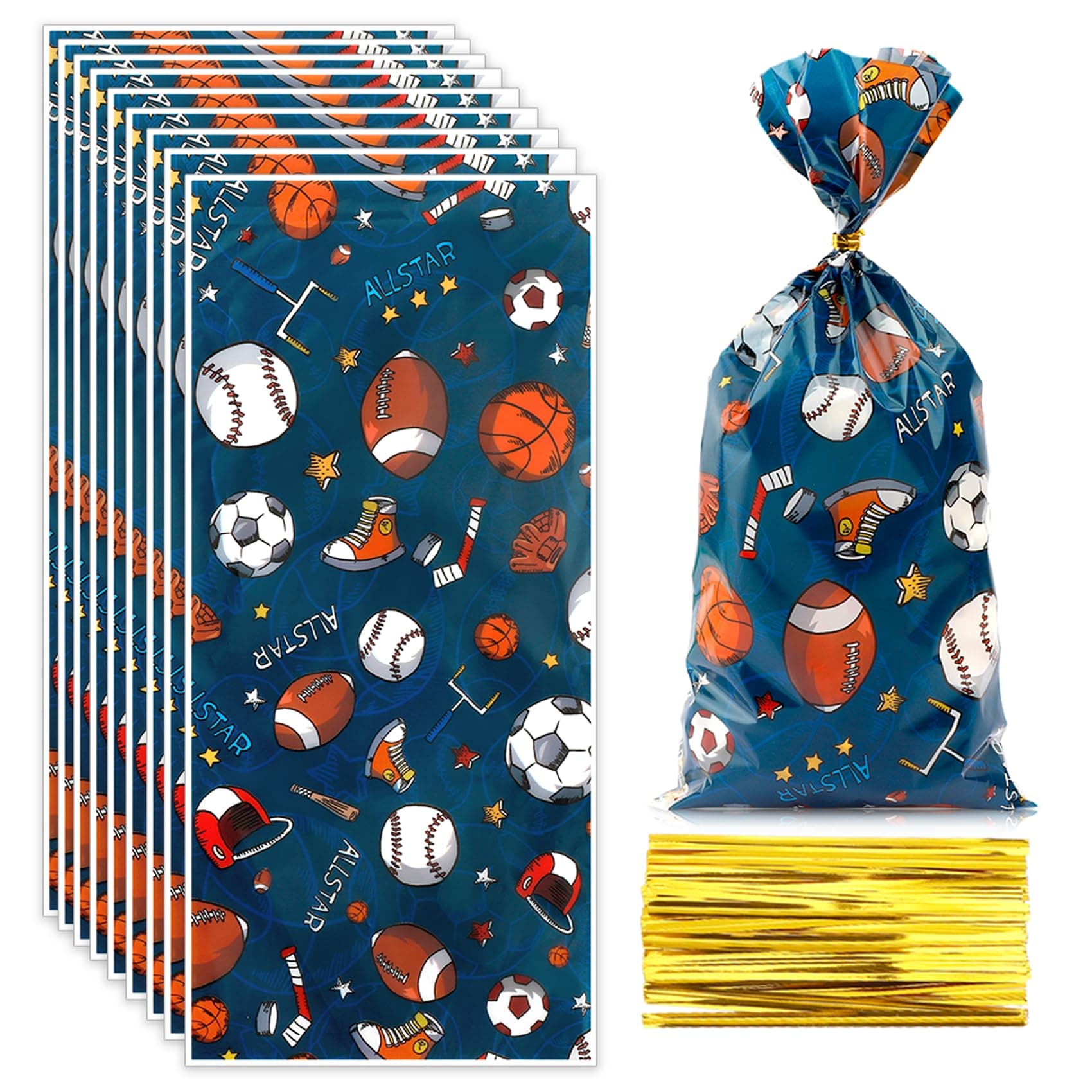 iRFKCIOW 100 Pcs Sport Party Cellophane Bags Football Treat Bags Basketball Cellophane Treat Bags Soccer Gift Bags Clear Sports Candy Bags with Twist Ties Cello Bags for Gifts Party Supplies