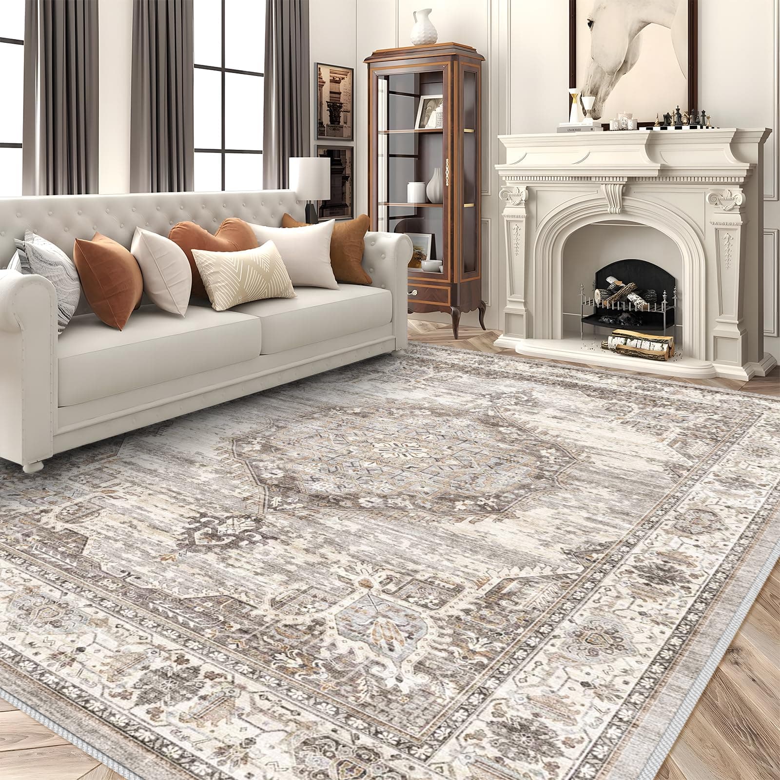 YOUFORTONG Area Rugs 9x12 Living Room:Machine Washable Rug - Soft Carpet for Bedroom - Waterproof Stain Resistant Vintage Distressed Area Rug 9'x12' Beige