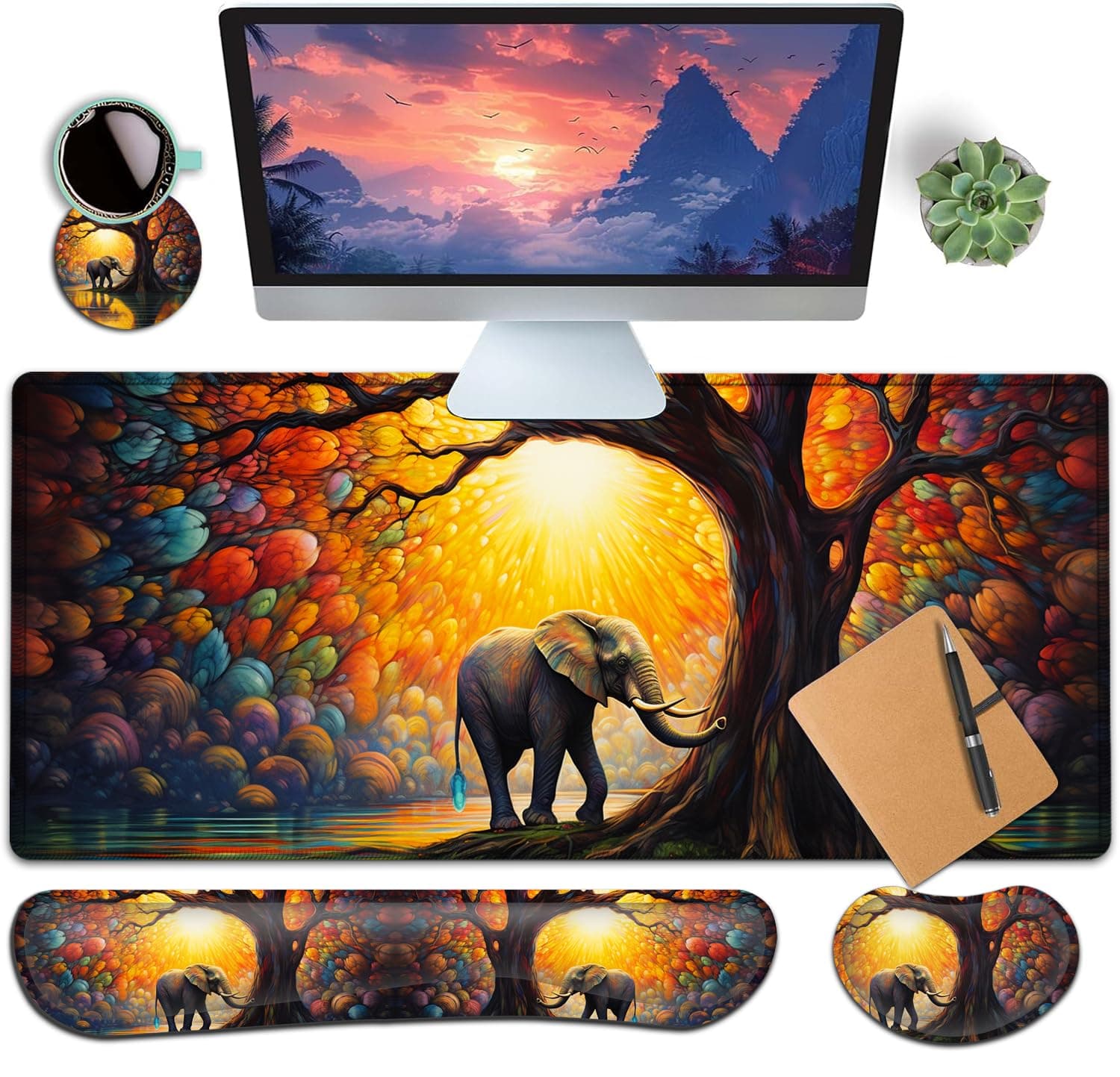 Large Gaming Mouse Pad+ Keyboard Wrist Rest Set, Ergonomics Memory Foam Mouse Mat Wrist Rest Support, Waterproof Extended Mousepad 31.5x11.8in, Colorful Tree of Life and Elephant Desk Pad