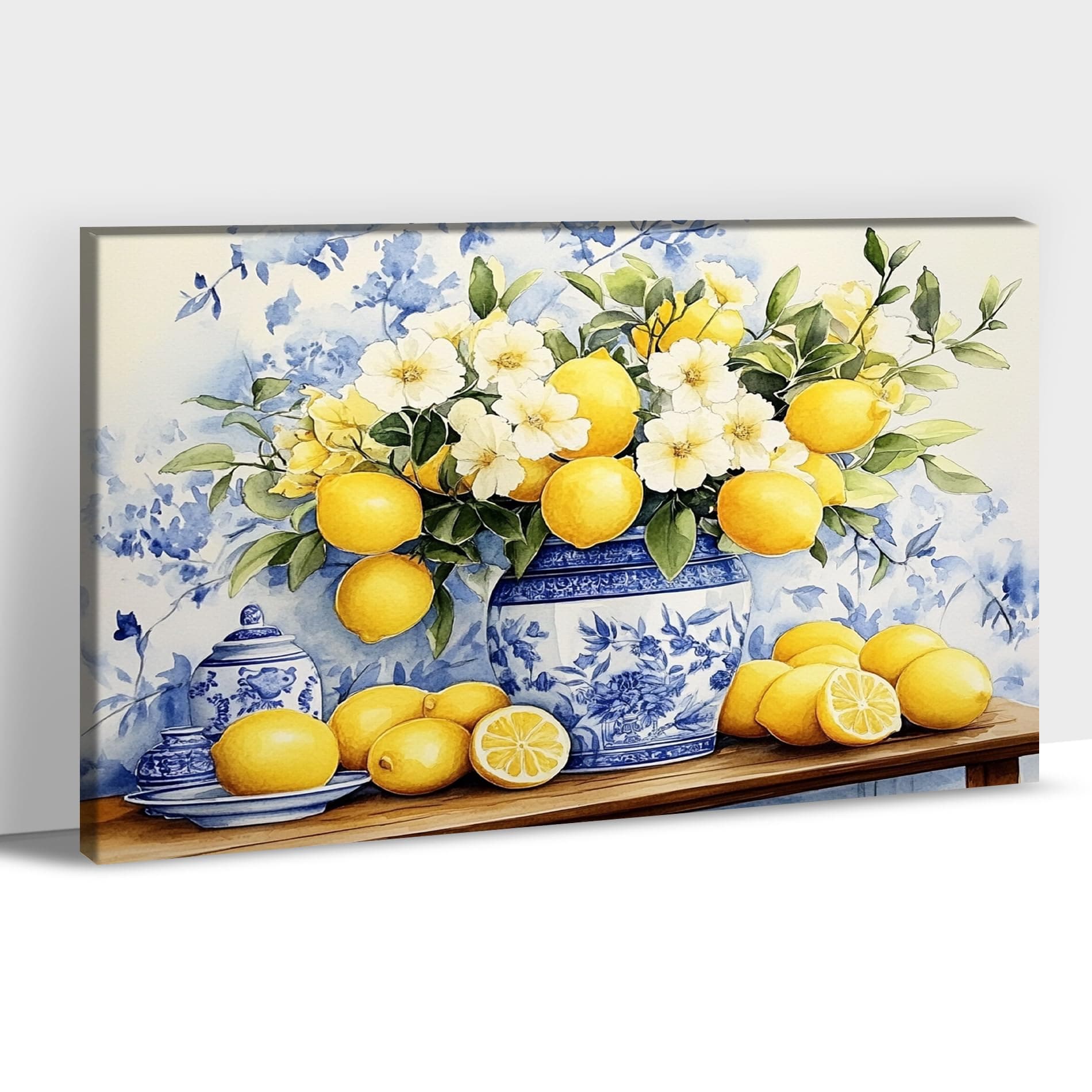 UZMKM Farmhouse Kitchen Decor, Rustic Flower Kitchen Wall Art, Yellow Floral and Lemon Painting Picture Canvas Print Country Farmhouse Wall Decor, Framed Artwork Dining Room Wall Art 28x40 Inch