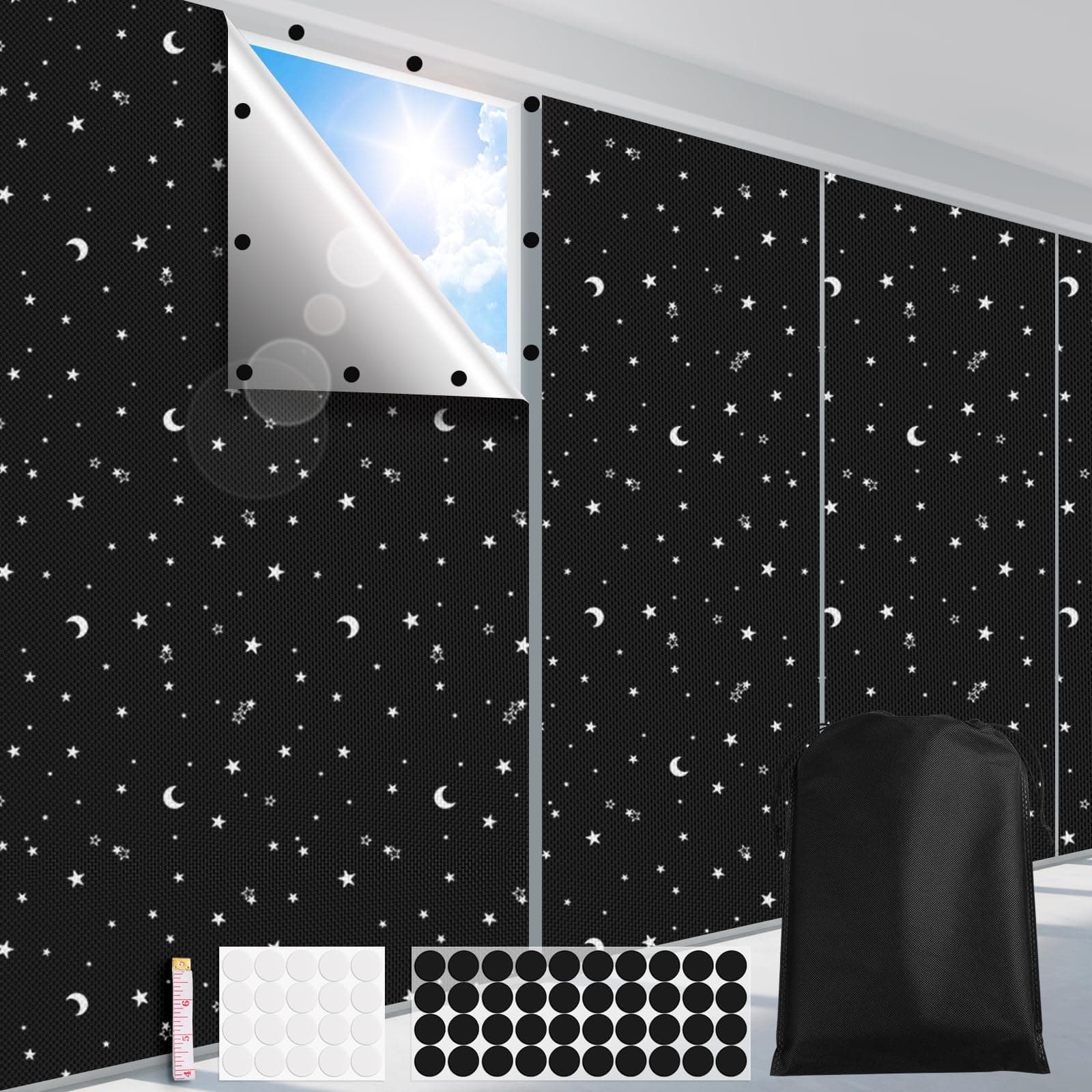 FADOTY 100% Blackout Blinds 157" x 57" Blackout Window Cover Travel Blackout Curtains for Baby Nursery Bedroom Dorm Room Windows Temporary Blackout Shades for Night Shift Worker Traveler Black & Star