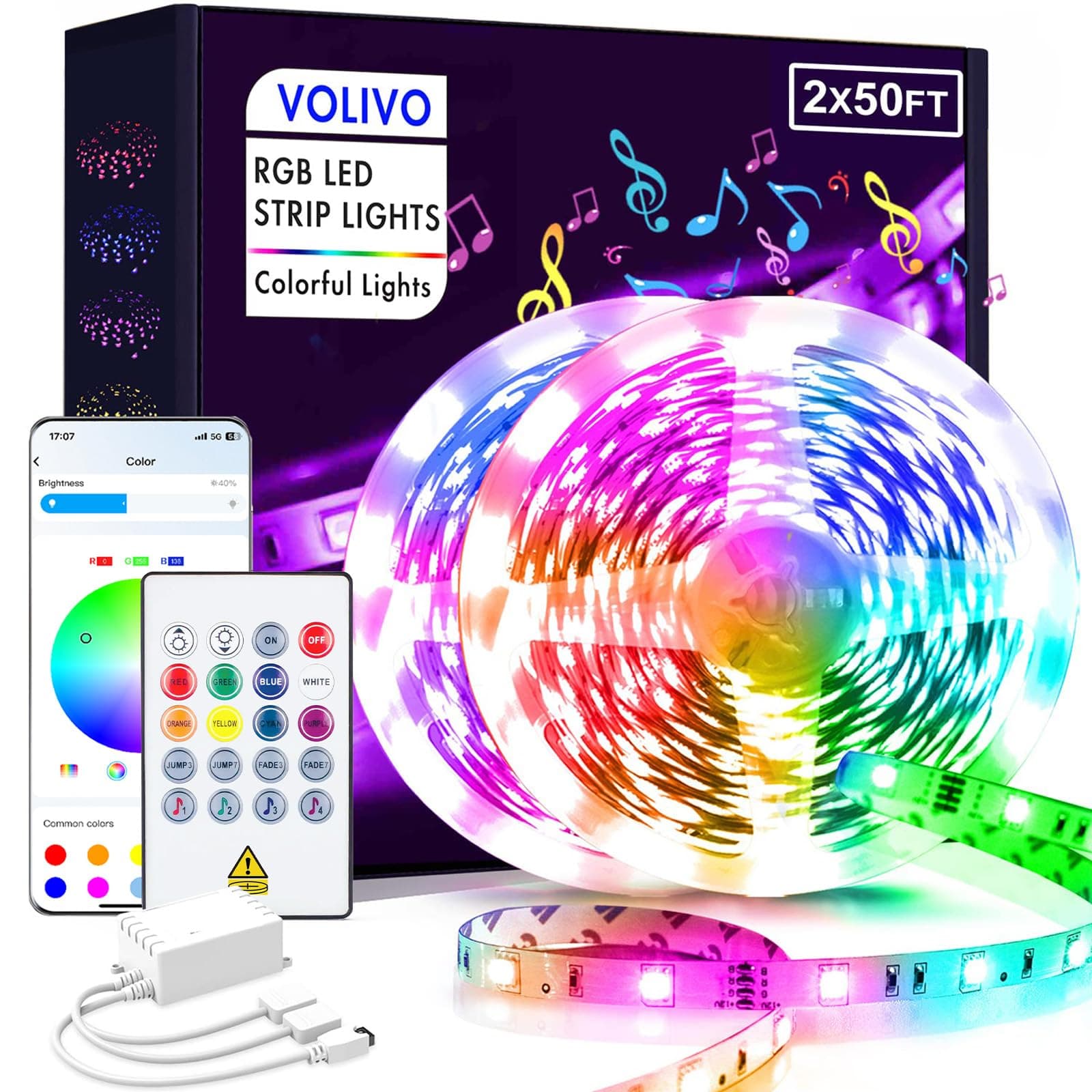 Volivo 100 FT Bluetooth Led Strip Lights Compatible with App Control Remote, 5050 RGB Led Lights for Bedroom, Music Sync Color Changing Lighting for Bedroom, Home, Kitchen, Party Decors