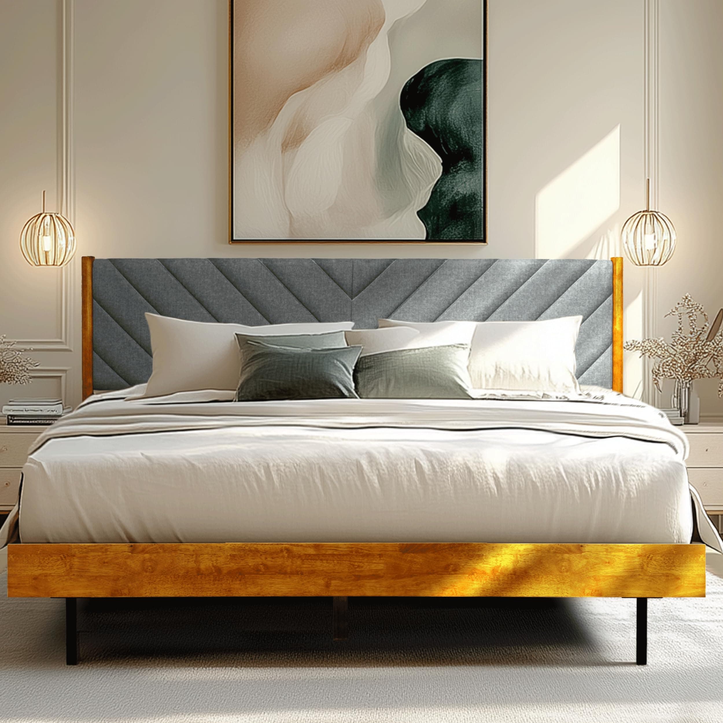 Acacia Astoria Solid Wood Upholstered Bed Frame, King Platform Bed Frame with Headboard, Elegant Design, Durable Construction for Luxurious Comfort, Caramel