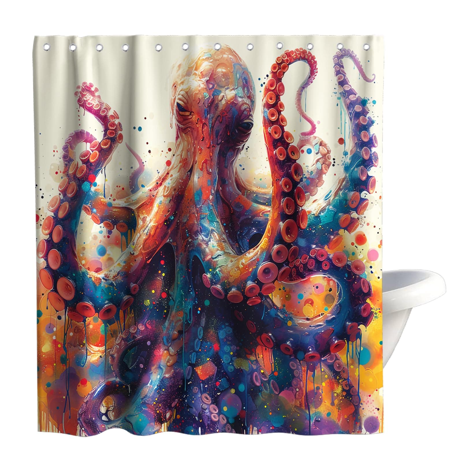 Final Friday Colorful Funny Octopus Shower Curtains Ocean Western Nautical Unique Funky Theme Cloth Fabric Bathroom Decor Sets with Hooks Waterproof Washable 72W x 72H Red
