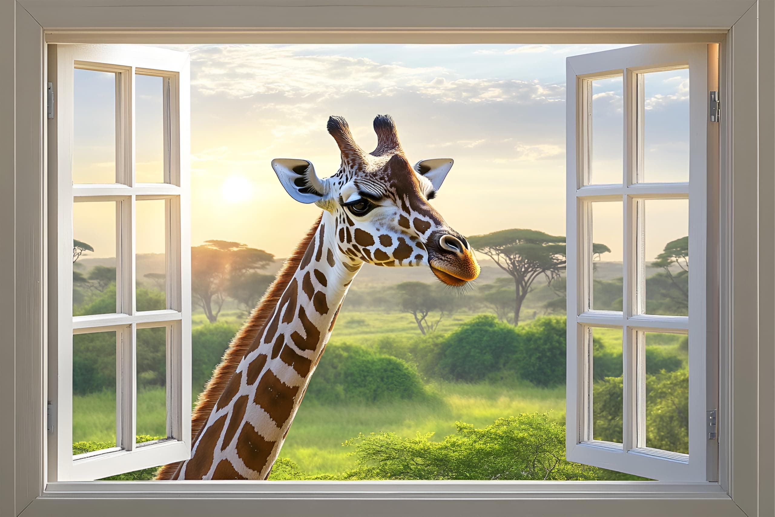 WOOHOOROO Peel and Stick Fake Window Wall Sticker Safari Giraffe 3D Animal Nursery Decor,32" x 48"