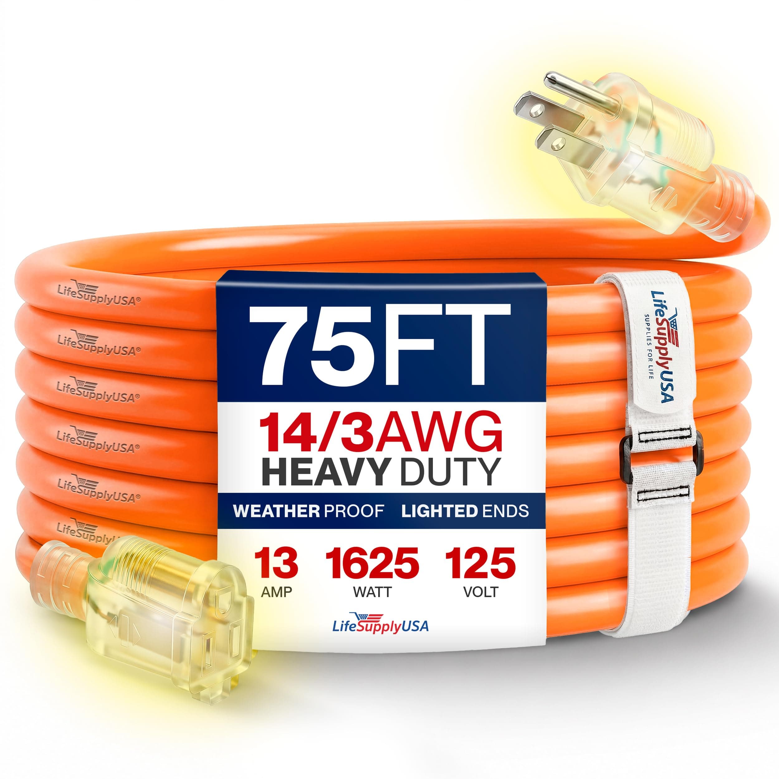 75ft Outdoor/Indoor Extension Cord 14/3 Gauge Heavy Duty 3 Prong SJTW, Waterproof, Flexible Cold-Resistant Long Power Cord,13A 125V 1625W, Orange by LifeSupplyUSA