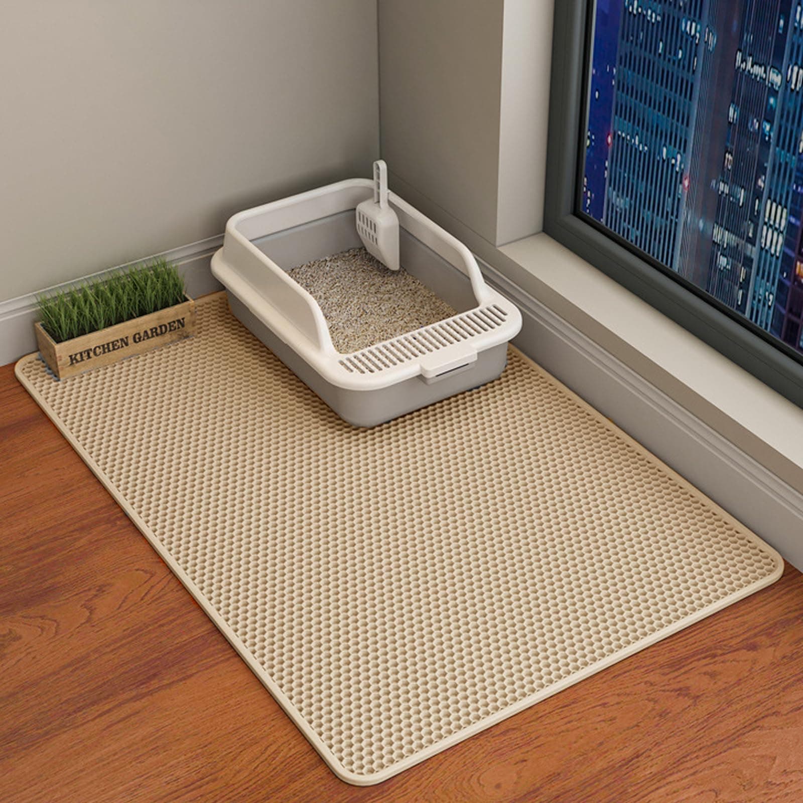 HCY&WLD Cat Litter Mat, Double Layer Cat Litter Box Mat (35x24 Inch, Khaki)