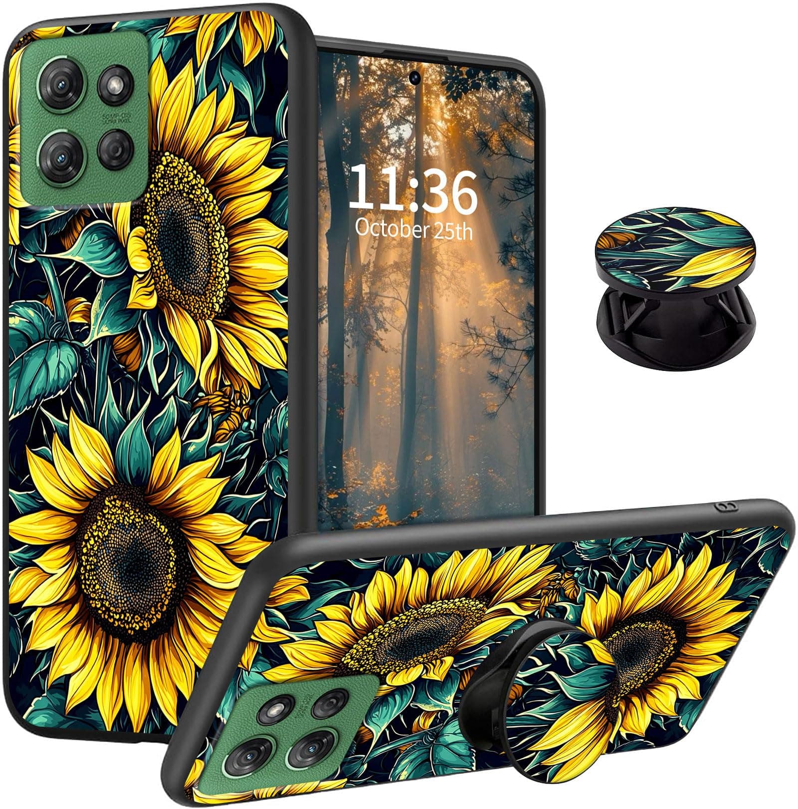 Qindaiwen for Motorola Moto G Power 5G 2025 Case with Expanding Grip Stand, Soft TPU Slim Shockproof Protective Phone Cover with Sunflowers Design, Wireless Charging Compatible