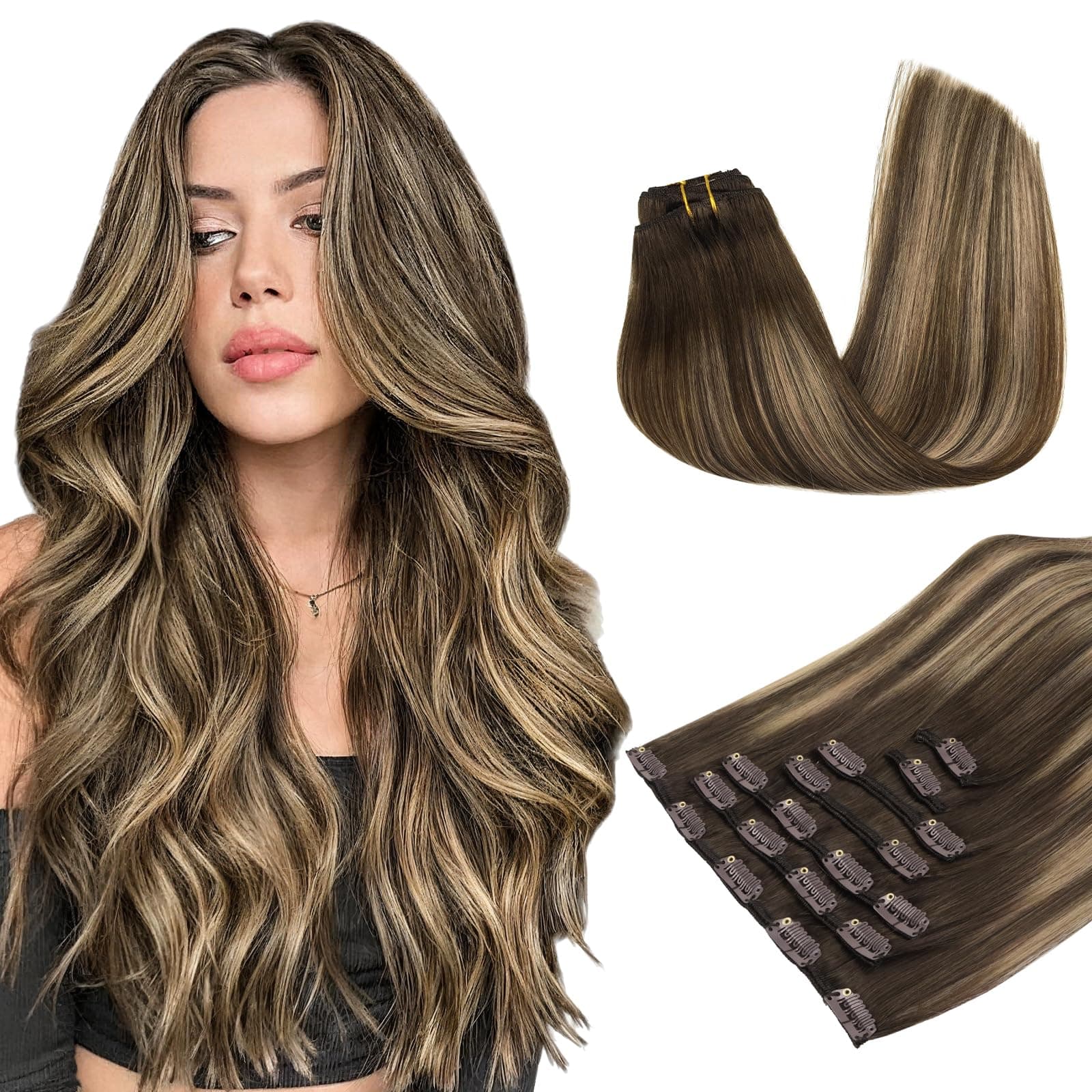 Hair Extensions Clip in Human Hair, 7pcs 120g 20 Inch, Balayage Chocolate Brown to Caramel Blonde MAXITA Real Hair Extensions Clip in Human Hair Straight Natural Long Hair for Woman