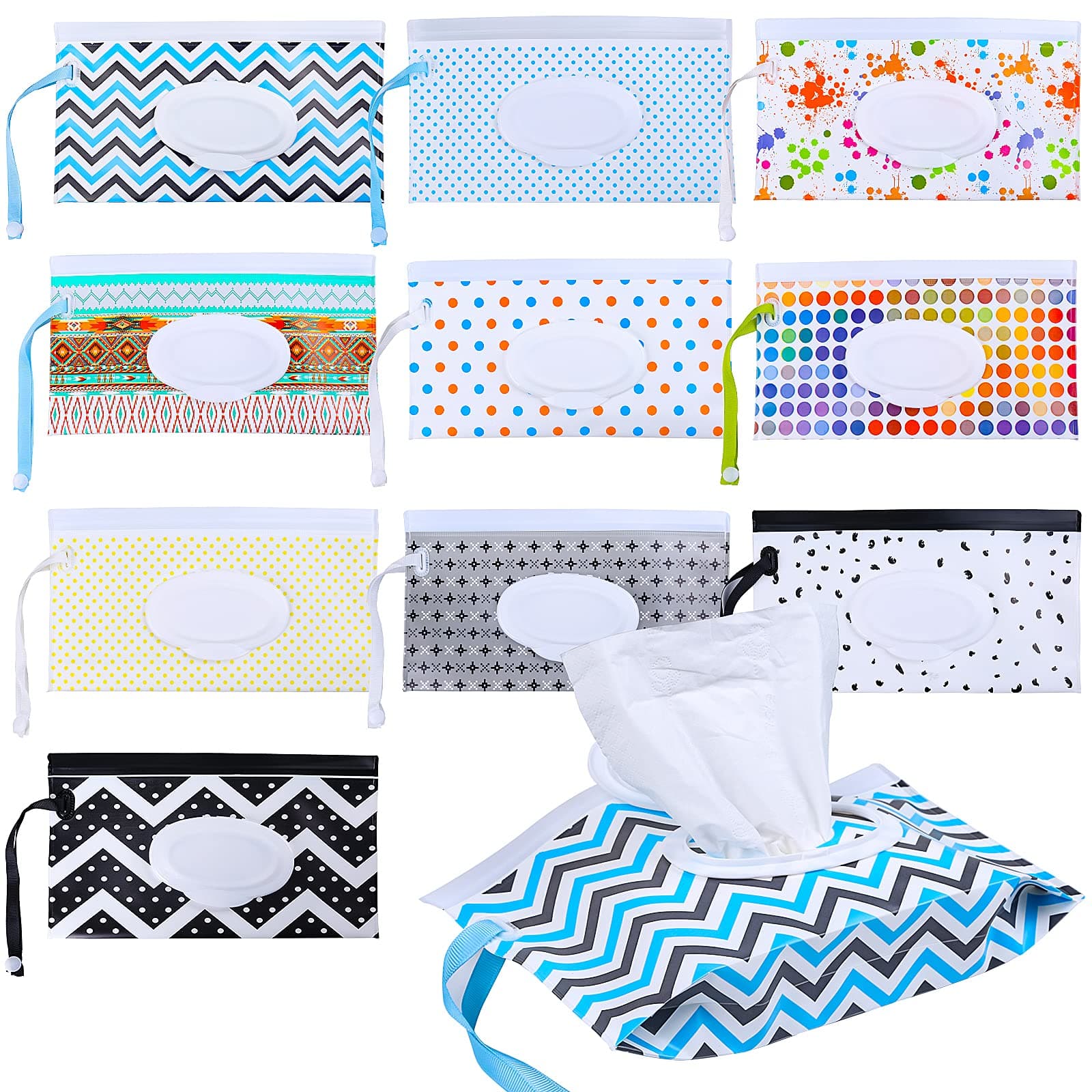 Gruifh Baby Wipe Dispenser,10 Pack Portable Refillable Wipe Holder,Baby Reusable Wet Wipes Cases,Travel Wet Wipe Container Pouch in 10 Different Patterns