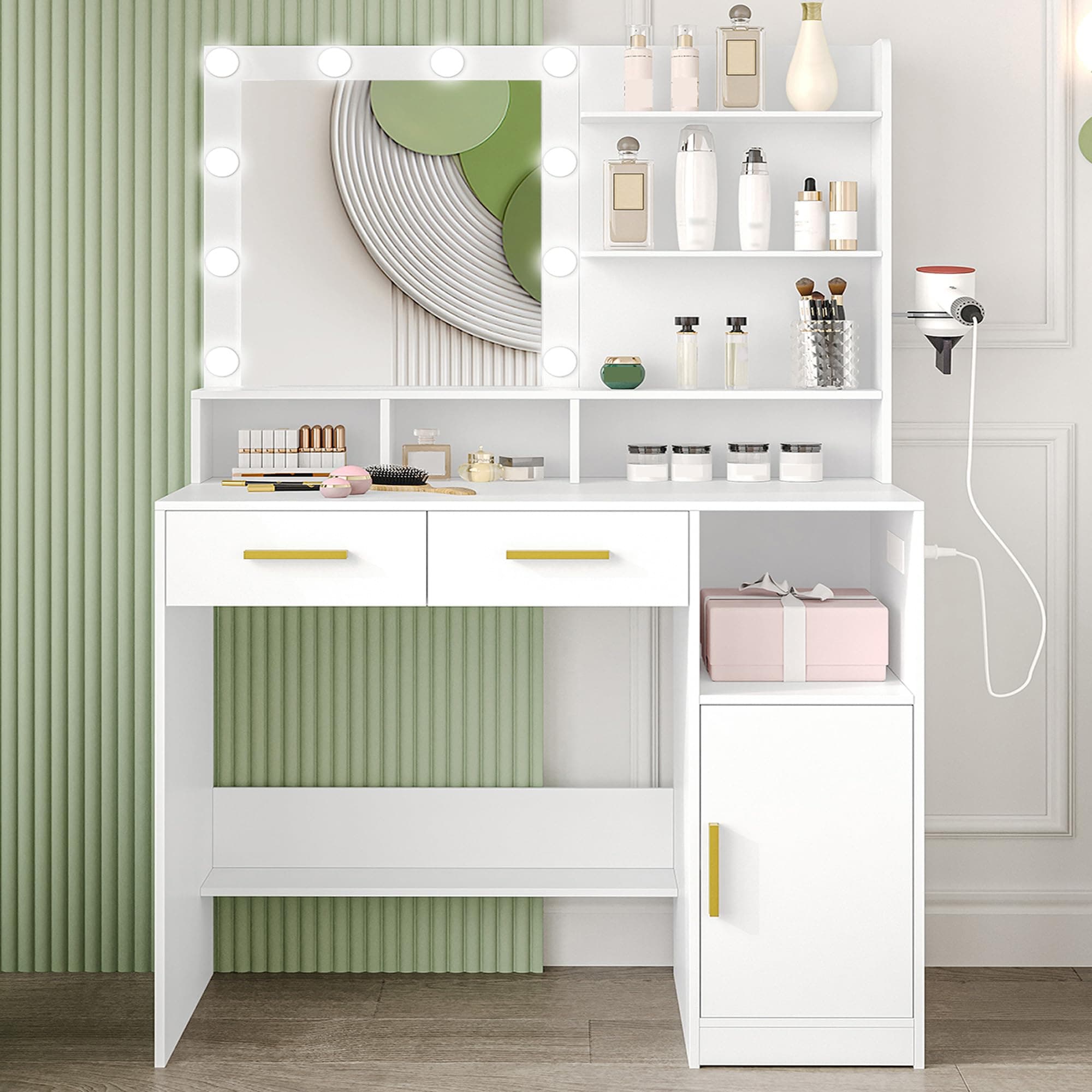 Hzuaneri Vanity Desk with Mirror and Power Strip