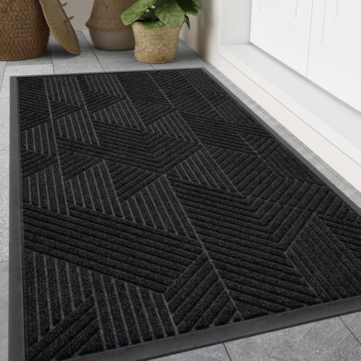 OLANLY Front Door Mat Outdoor Indoor, Heavy Duty Non Slip Rubber Mat, Absorbent Outdoor Rug, Easy Clean Welcome Mat, Low Profile Entryway Rugs, 71"x47", Black