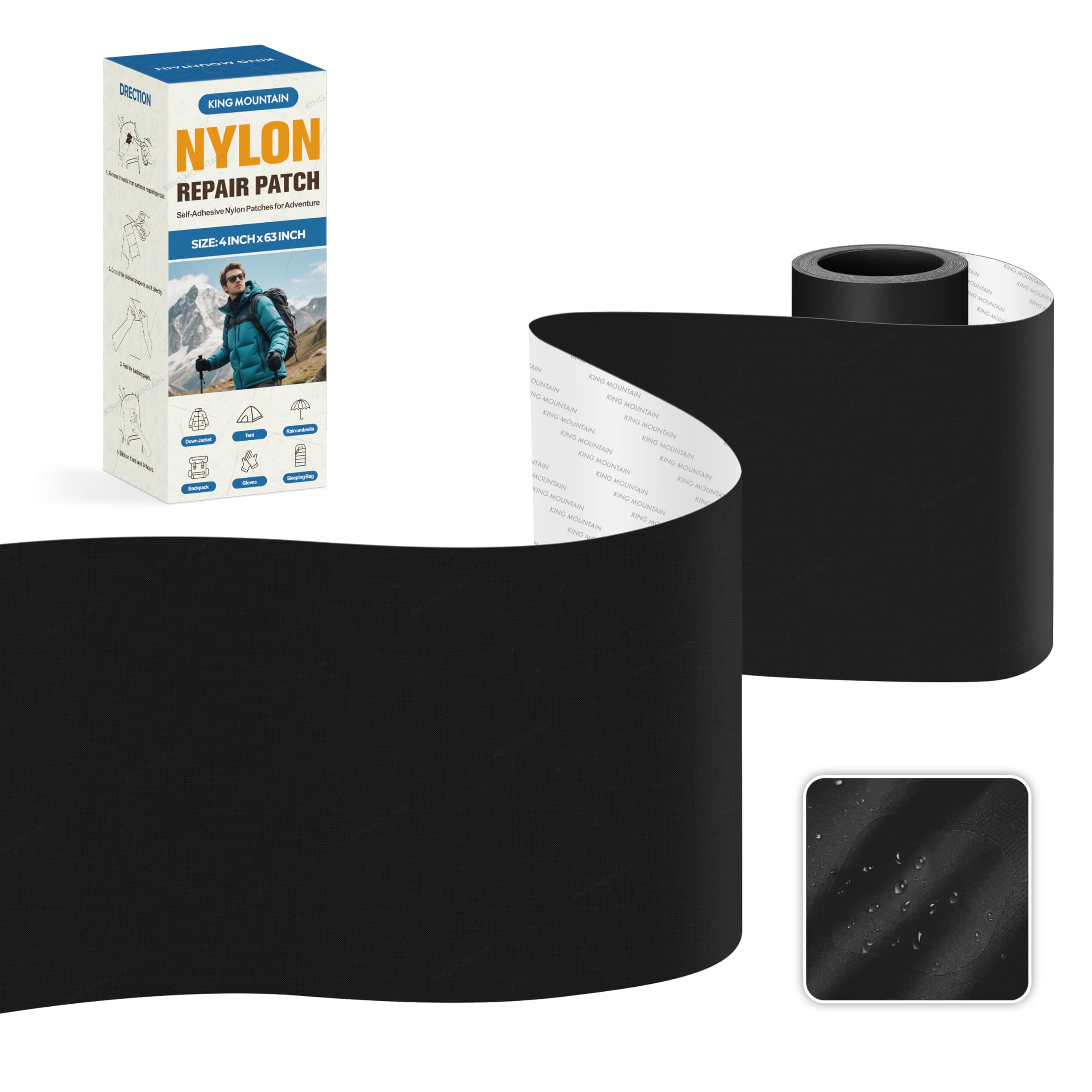KING MOUNTAIN Self Adhesive Nylon Fabric Repair Tape, 4×63 Inches, Quick Down Jacket Repair Patch, Waterproof Outdoor Gear Patch Kit for Tent,Backpacks,Umbrella, Gloves, Sleeping Bag (Black)
