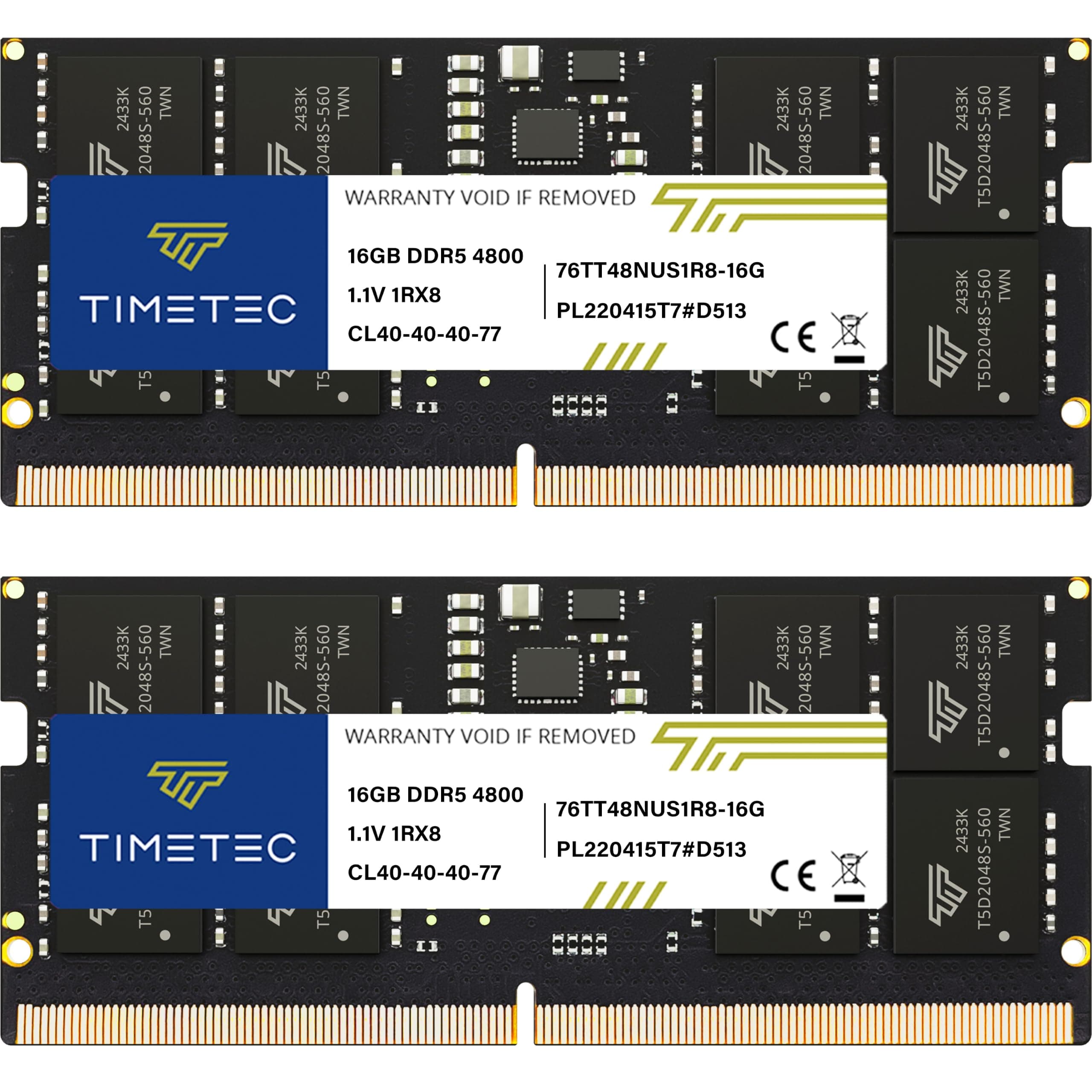 Timetec 32GB KIT(2x16GB) DDR5 4800MHz PC5-38400 Unbuffered Non-ECC 1.1V CL40 1Rx8 Single Rank 262 Pin SODIMM Laptop Memory RAM Module Upgrade (32GB KIT(2x16GB))