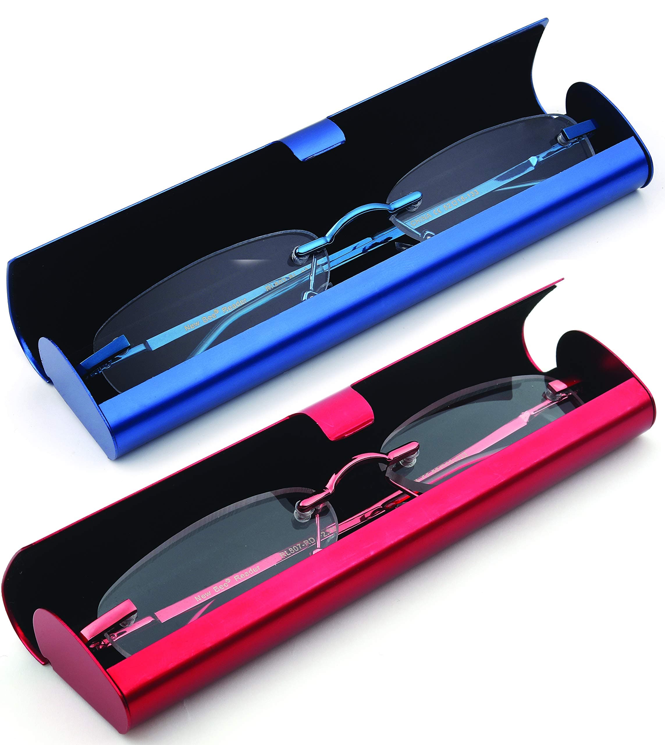 Newbee Fashion-Portable Compact Reading Glasses in Aluminum Case Metal Rectangle Rimless Reading Glasses Super Lightweight Reader Slim Design Comfort Fit 2 Pack Blue & Red 2.00