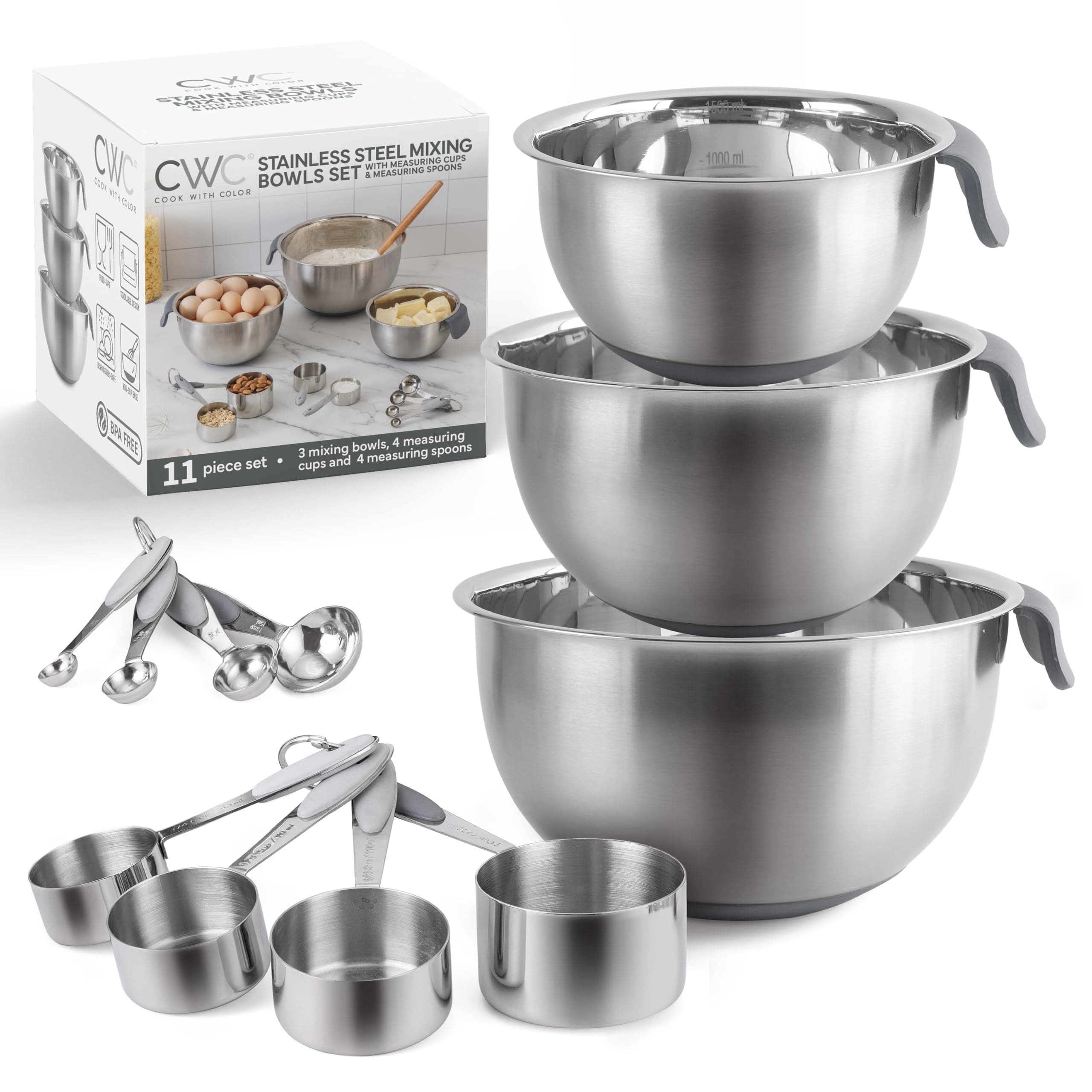 COOK WITH COLOR Stainless Steel Mixing Bowls Set and Measuring Cups - Nesting Bowls with Non-Slip Bottom and Easy-Grip Handles, Grey, 11 Pieces