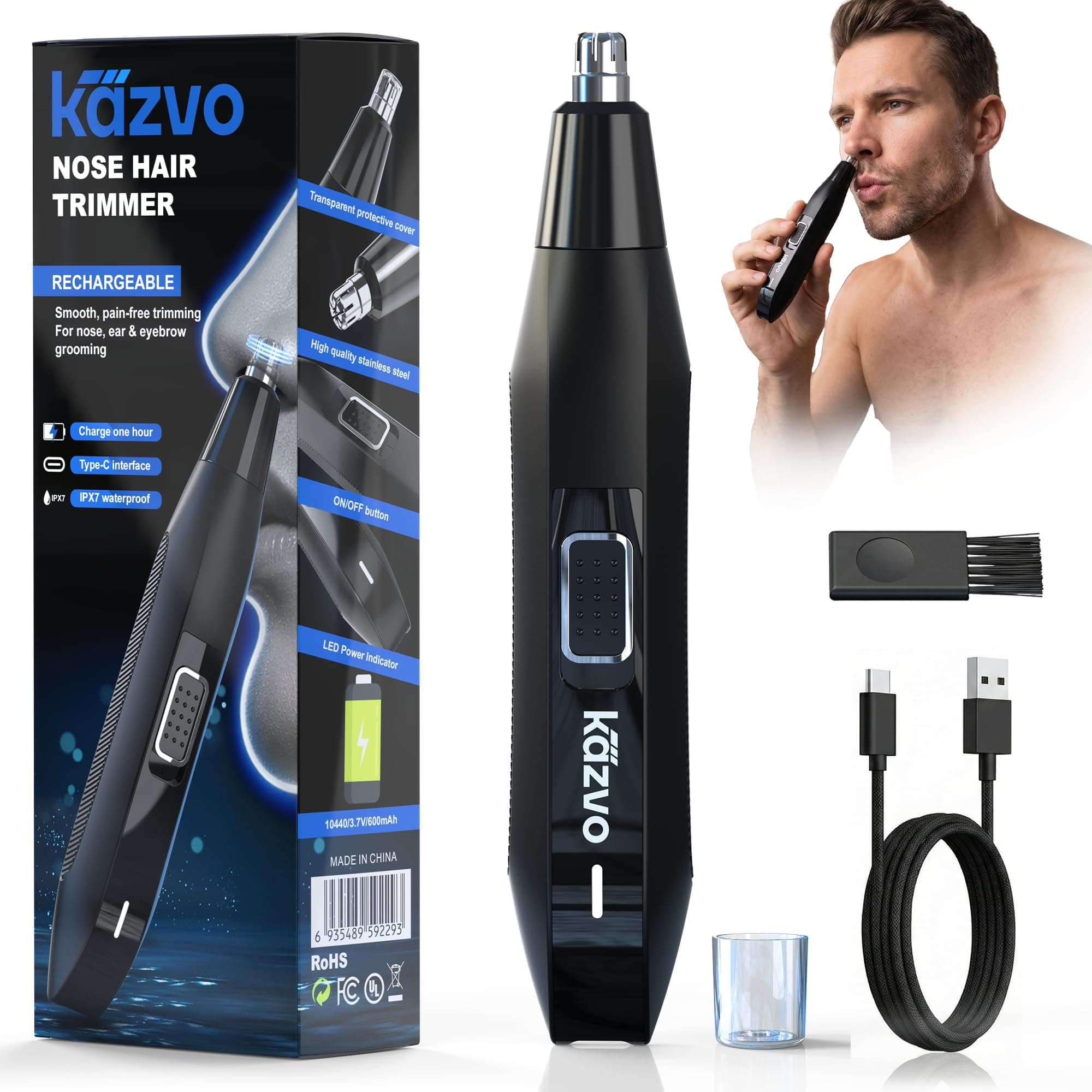 KAZVO Nose & Ear Hair Trimmer – 2026 Painless Nose Hair Trimmer for Men & Women – High-Speed Motor with Long-Lasting Rechargeable Battery, IPX7 Waterproof, Replaceable Stainless-Steel Blade