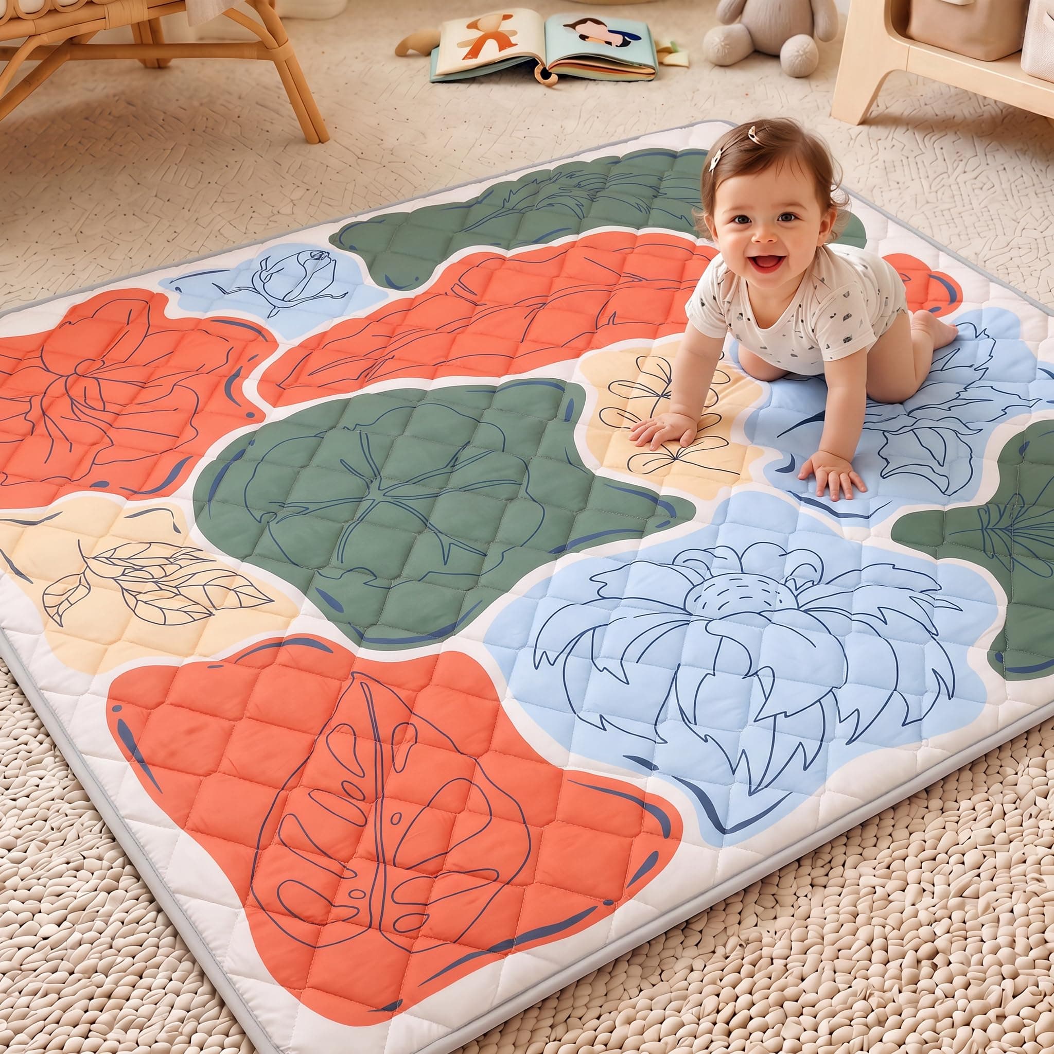 Jinrobabes Baby Play Mat for Floor, 50" x 50" Soft Cushioned Baby Playpen Mat with 540g High-Density Filling, Non-Slip Foldable Crawling Mat, Machine-Washable Activity Mat for Babies & Toddlers