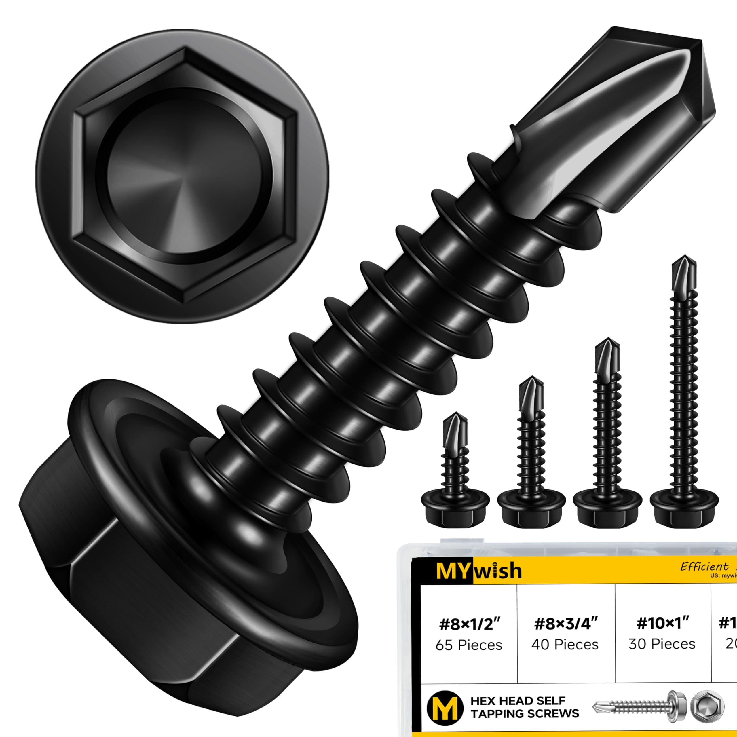 Mywish 410 Stainless Steel Self Tapping Screws for Metal, 155 Pieces #8#10 Hex Head Self Drilling Screws Assortment Kit, Length 1/2" to 1-1/2", Black Oxided Sheet Metal Screws