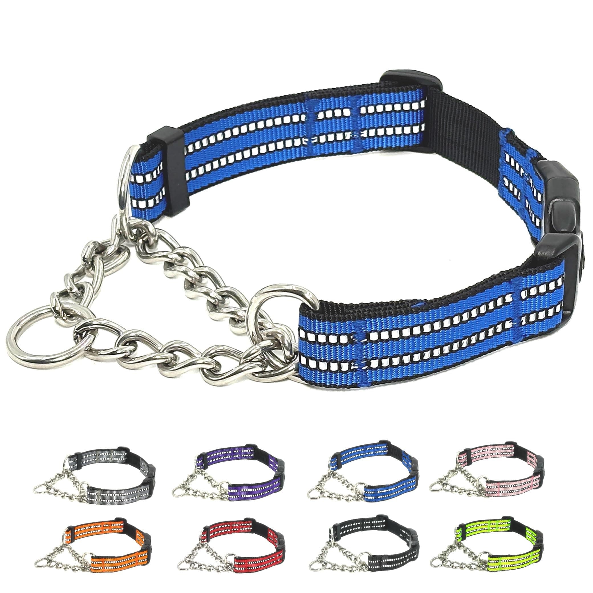 QICHENMAO Martingale Collars for Dogs, Heavy Duty Stainless Steel Chain Training Collar, Reflective Nylon Adjustable Collar with Quick Release Buckle, Suitable for Puppy Medium Large Dogs((Blue, XS)