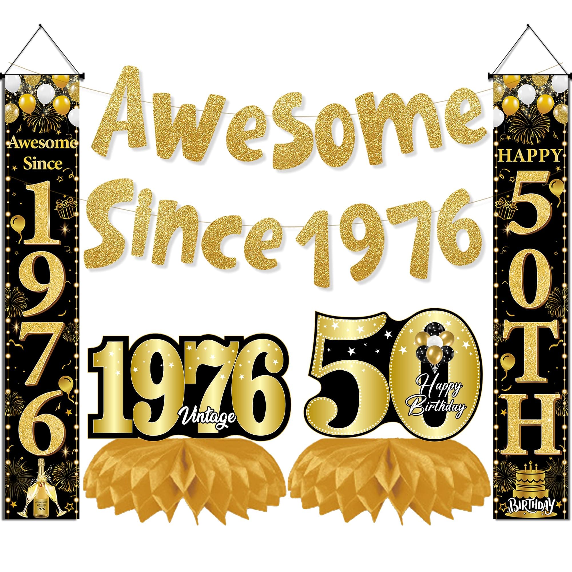50th Birthday Decorations Men Women - 6 Pcs Black Gold Glitter Awesome Since 1976 Banner Door Banners Honeycomb Centerpieces for Men Women Happy 50th Birthday Anniversary Party Sign Supplies