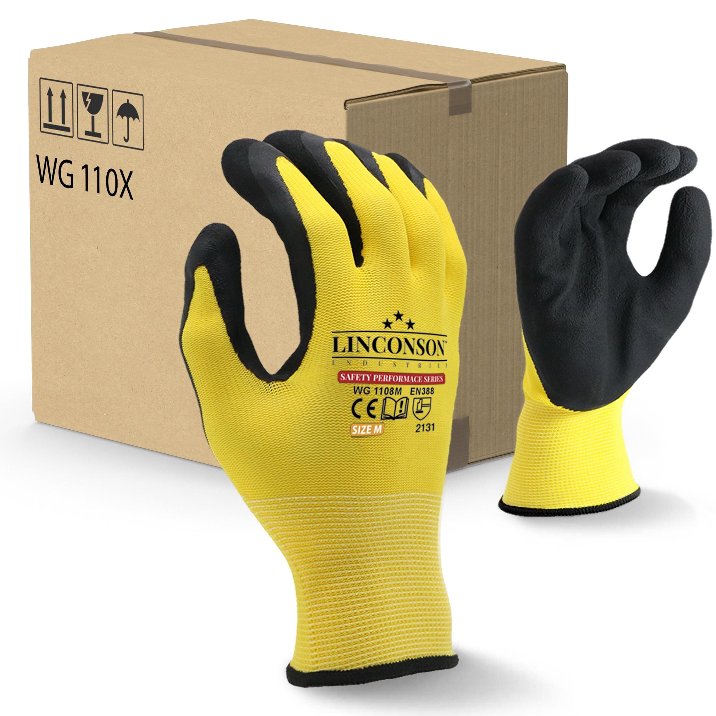 LINCONSON Yellow Large Work Gloves, 12 Pack Safety Performance Series, Breathable & Durable, Extreme Grip, ANSI & CE Approved, Ideal for Construction, Mechanics, Landscaping
