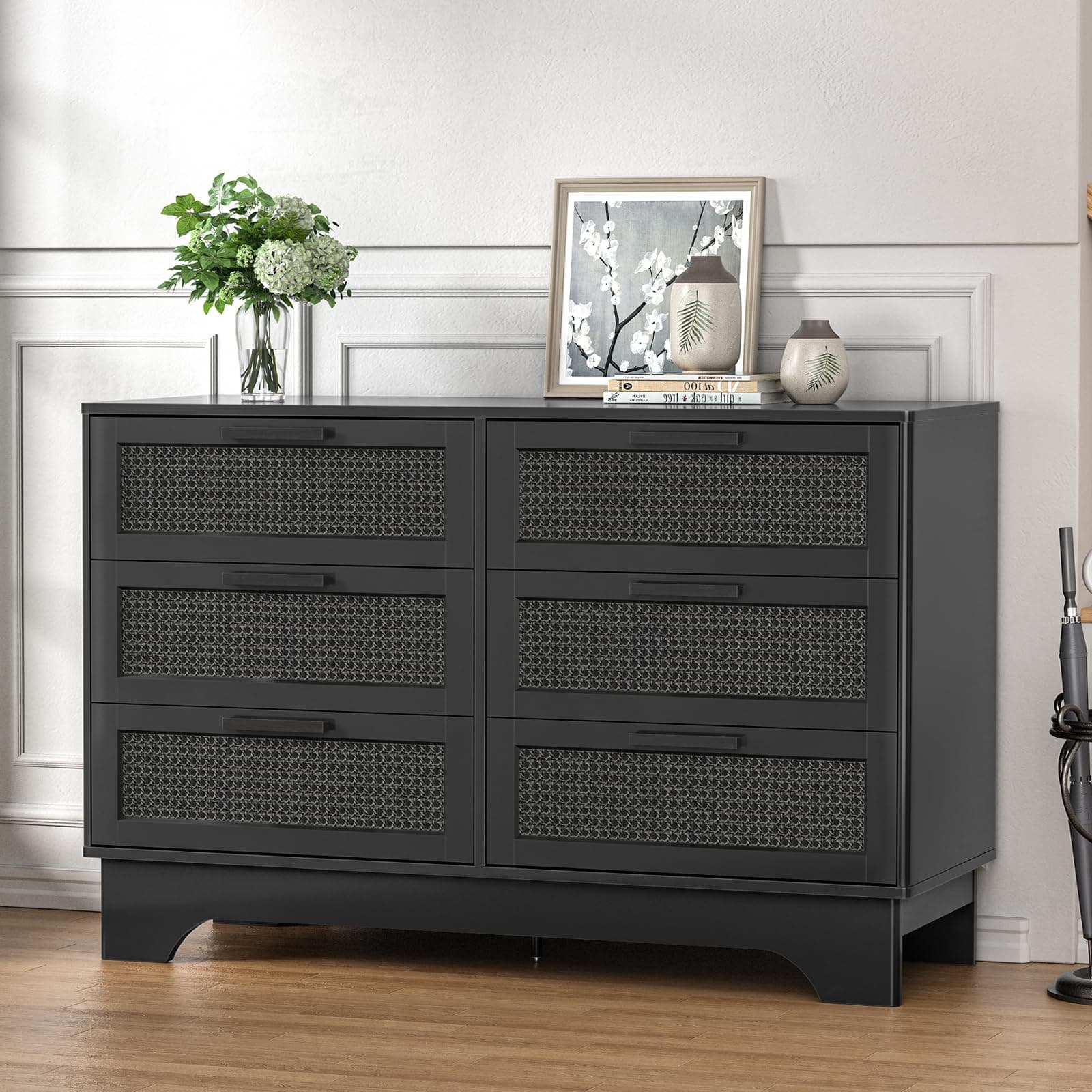 Anmytek Black Rattan 6 Drawer Dresser for Bedroom, Wood Dressers for Bedroom, Natural Wood Storage Wide Dressers & Chests of Drawers Large Storage Cabinet for Bedroom