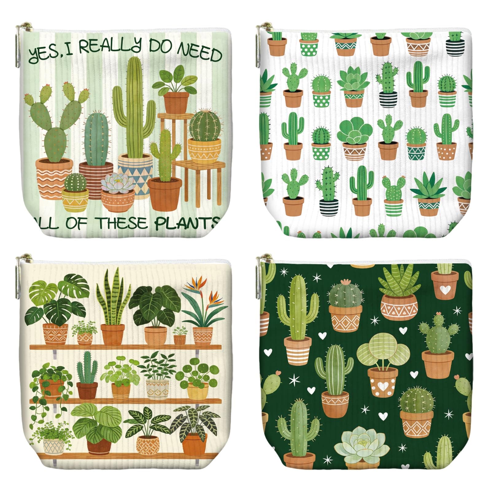 Peacoblue Succulents Cacti Makeup Bag, Corduroy Pouches for Purse 4PCS