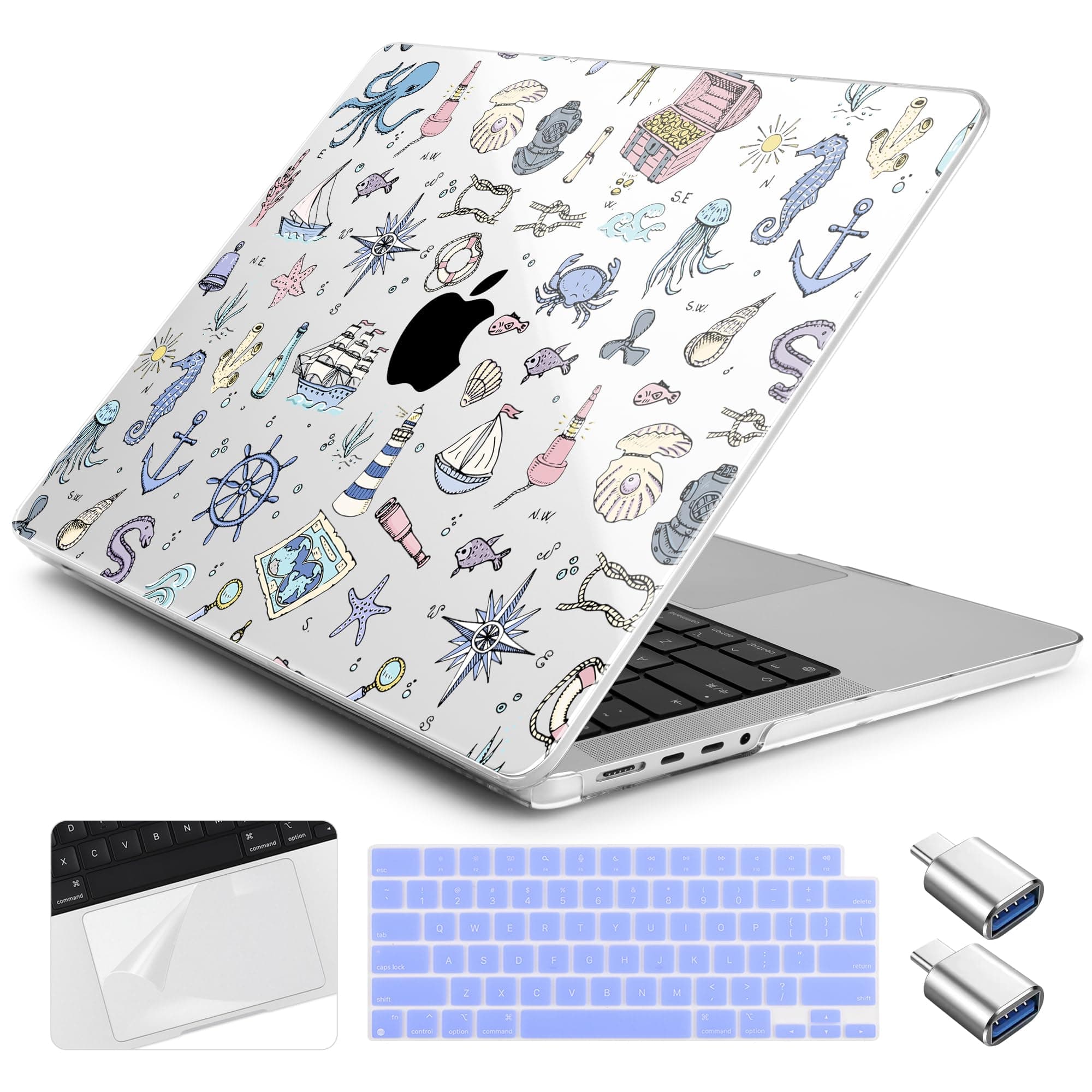 Yebiseven for M4 MacBook Pro 14 Inch Case 2025 2024 2023 2021 Model A3112/A3401/A3185/A2918/A2992/A2779/A2442 M3 M2 M1, Hard Shell with Keyboard Cover+Trackpad Film+OTG Adapter, Sea Icons