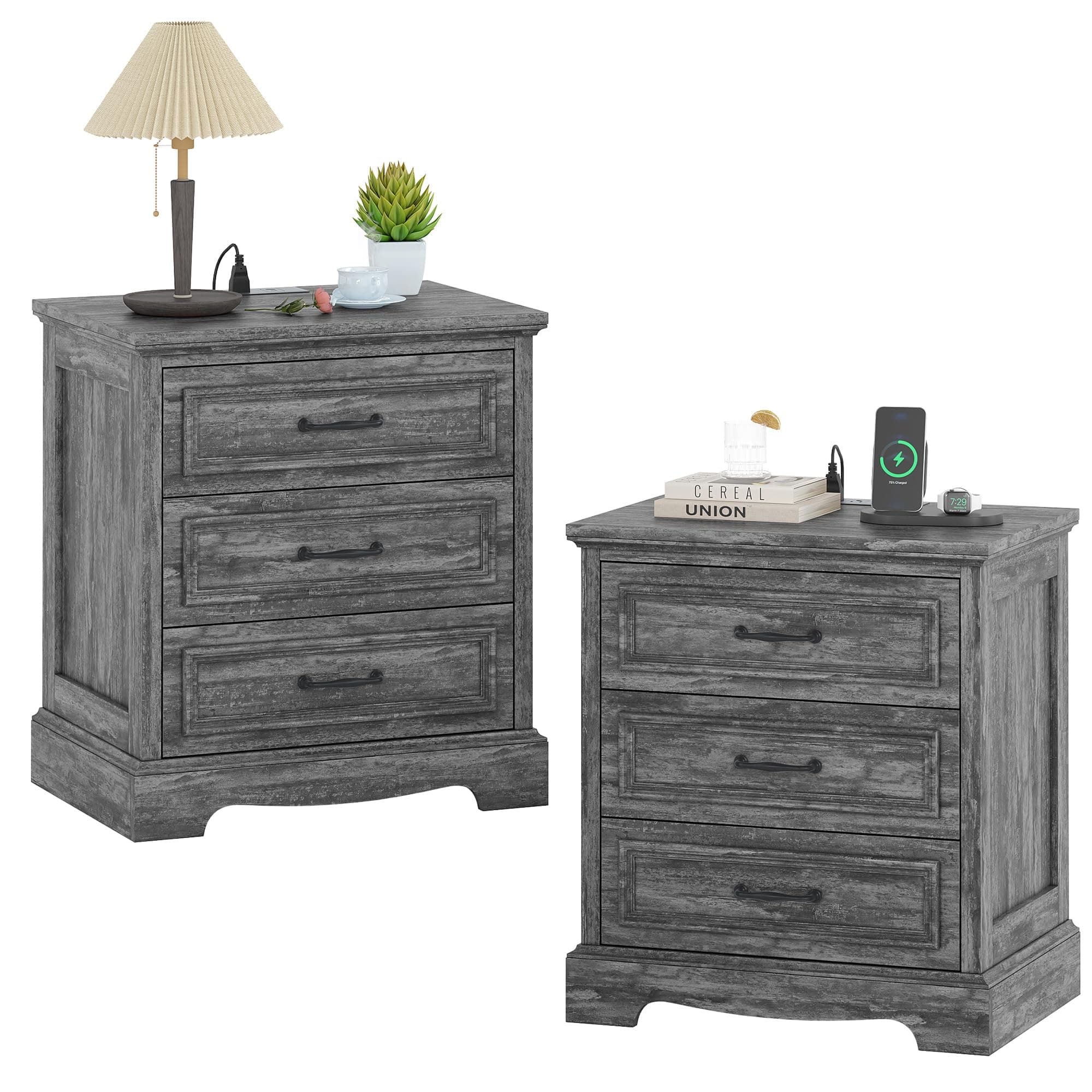 Fynar 21.7" Farmhouse Nightstand Set of 2 with Charging Station,Dark Gray
