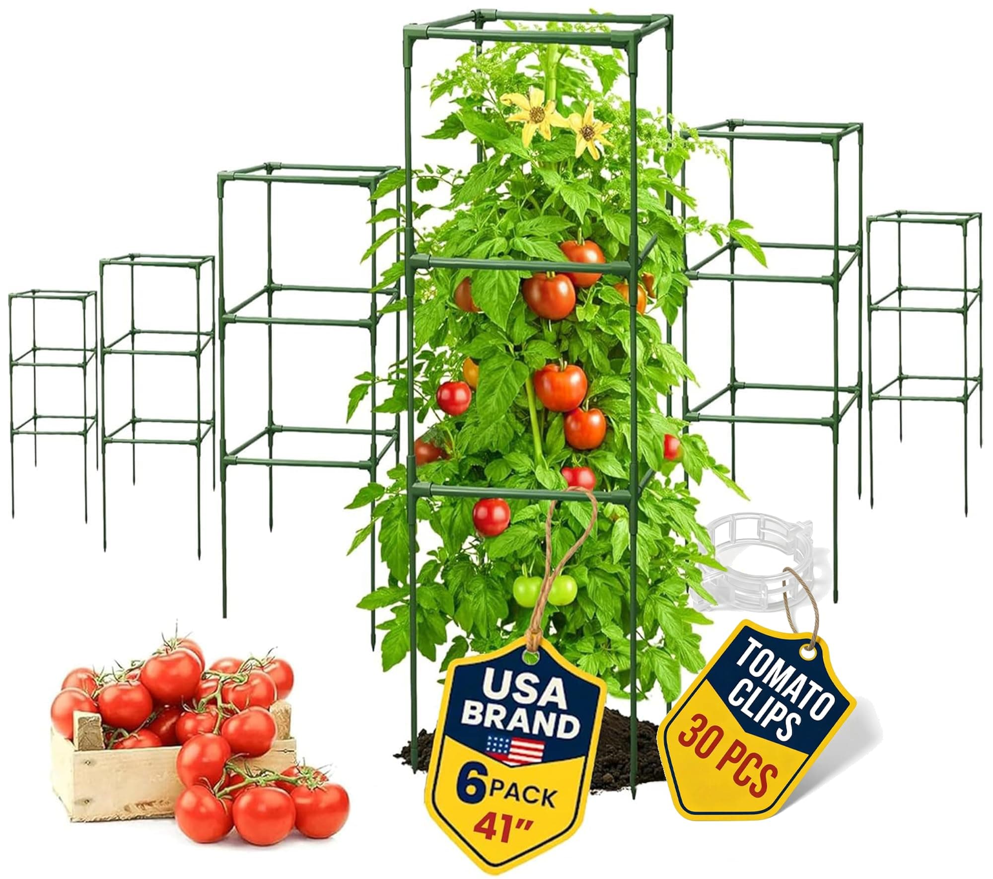 6 Pack 41" Square Tomato Cages for Garden - Large Tomato Trellis Stakes