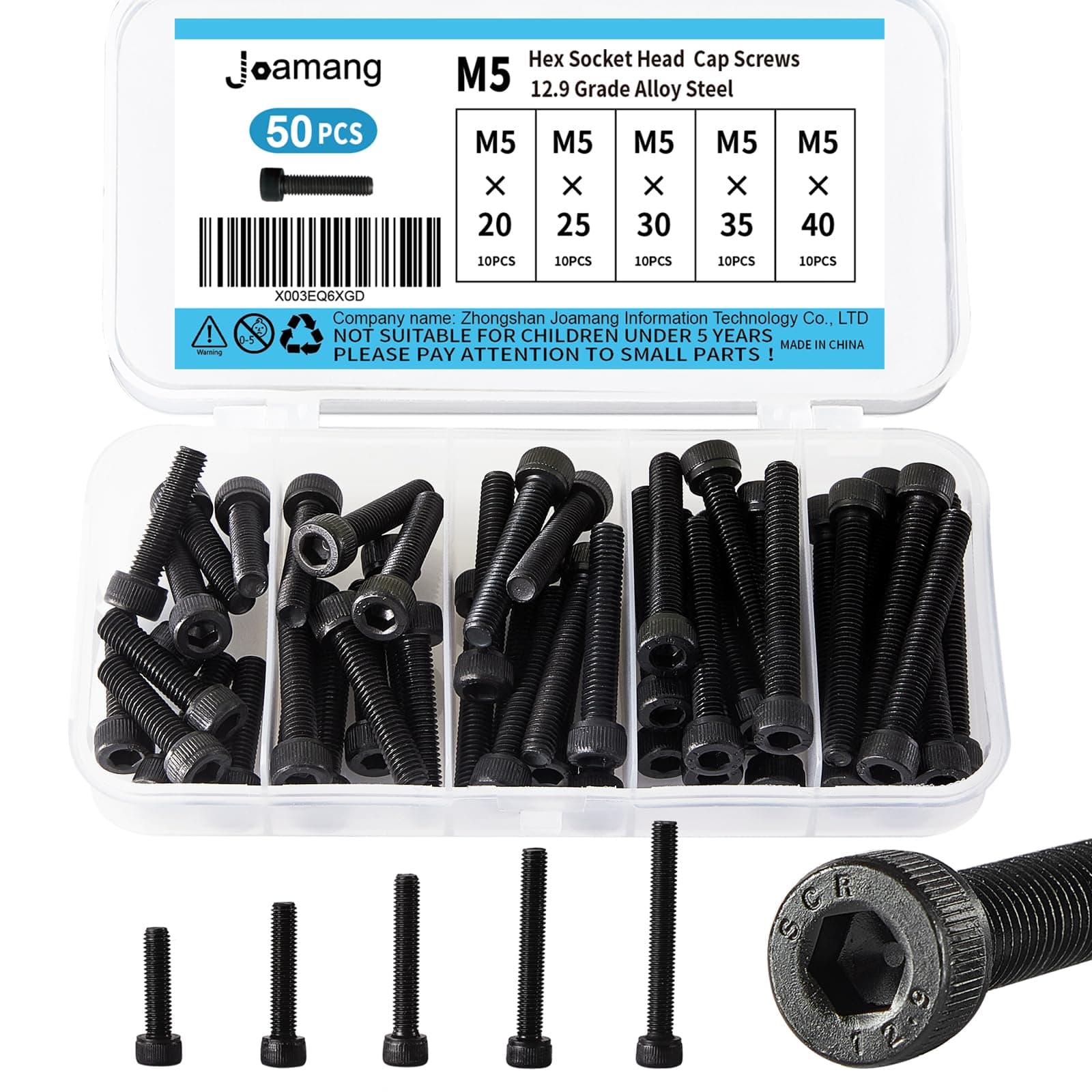Joamang M5 x 20mm 25mm 30mm 35mm 40mm Hex Socket Head Cap Screws Bolts, 12.9 Grade Alloy Steel, Black Oxide Finish, Metric Allen Drive, Fully Threaded, Assortment Kit 50Pcs